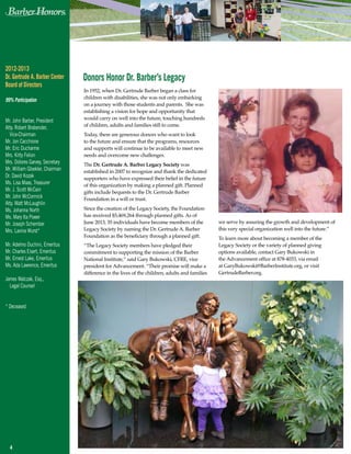 4
In 1952, when Dr. Gertrude Barber began a class for
children with disabilities, she was not only embarking
on a journey with those students and parents. She was
establishing a vision for hope and opportunity that
would carry on well into the future, touching hundreds
of children, adults and families still to come.
Today, there are generous donors who want to look
to the future and ensure that the programs, resources
and supports will continue to be available to meet new
needs and overcome new challenges.
The Dr. Gertrude A. Barber Legacy Society was
established in 2007 to recognize and thank the dedicated
supporters who have expressed their belief in the future
of this organization by making a planned gift. Planned
gifts include bequests to the Dr. Gertrude Barber
Foundation in a will or trust.
Since the creation of the Legacy Society, the Foundation
has received $5,469,264 through planned gifts. As of
June 2013, 35 individuals have become members of the
Legacy Society by naming the Dr. Gertrude A. Barber
Foundation as the beneficiary through a planned gift.
“The Legacy Society members have pledged their
commitment to supporting the mission of the Barber
National Institute,” said Gary Bukowski, CFRE, vice
president for Advancement. “Their promise will make a
difference in the lives of the children, adults and families
Donors Honor Dr. Barber’s Legacy
2012-2013
Dr. Gertrude A. Barber Center
Board of Directors	 	
99% Participation	 	
			
Mr. John Barber, President
Atty. Robert Brabender,
 Vice-Chairman
Mr. Jon Cacchione
Mr. Eric Ducharme
Mrs. Kitty Felion
Mrs. Dolores Garvey, Secretary
Mr. William Gloekler, Chairman
Dr. David Kozak
Ms. Lisa Maas, Treasurer
Mr. J. Scott McCain
Mr. John McCormick
Atty. Matt McLaughlin
Ms. Johanna North
Ms. Mary Ita Power
Mr. Joseph Schember
Mrs. Lavina Wurst*
Mr. Adelmo Duchini, Emeritus
Mr. Charles Eisert, Emeritus
Mr. Ernest Lake, Emeritus
Ms. Ada Lawrence, Emeritus
James Walczak, Esq.,
  Legal Counsel
* Deceased
we serve by assuring the growth and development of
this very special organization well into the future.”
To learn more about becoming a member of the
Legacy Society or the variety of planned giving
options available, contact Gary Bukowski in
the Advancement office at 878-4033, via email
at GaryBukowski@BarberInstitute.org, or visit
GertrudeBarber.org.
 
