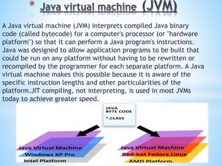 A Java virtual machine (JVM) interprets compiled Java binary
code (called bytecode) for a computer's processor (or "hardware
platform") so that it can perform a Java program's instructions.
Java was designed to allow application programs to be built that
could be run on any platform without having to be rewritten or
recompiled by the programmer for each separate platform. A Java
virtual machine makes this possible because it is aware of the
specific instruction lengths and other particularities of the
platform.JIT compiling, not interpreting, is used in most JVMs
today to achieve greater speed.
*
 