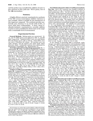 and the product was crystallized by addition of water to
give efavirenz in 94% yield and >99.5% purity, free of
the 14b intermediate.
Summary
A highly efficient, practical, enantioselective synthesis
of the HIV reverse transcriptase inhibitor efavirenz is
now available, which is suitable for the manufacture of
this important compound. The synthesis provides ana-
lytically pure efavirenz in an overall yield of 62%, in
seven steps from 4-chloroaniline. A novel, chiral Li-
alkoxide-mediated, enantioselective acetylide addition
reaction is used to establish the chiral center in the target
with a remarkable level of stereocontrol.
Experimental Section
General Methods. Melting points are uncorrected. 1H,
13C, and 19F NMR spectra were collected at 300, 75, and 282
MHz, respectively. Analytical HPLC were run with Zorbax
RX-C18 columns at 215, 240, or 250 nm. Chiral HPLC were
run with a ChiralPak AD column. All reactions were run
under nitrogen, and all reagents were plant grade unless
otherwise noted. Combustion analyses were performed by
Quantitative Technologies, Inc., Bound Brook, NJ.
N-(4-Chlorophenyl)-2,2-dimethylpropanamide (7). 4-
Chloroaniline (6, 1.0 kg, 7.8 mol) was charged into a mixture
of tert-butyl methyl ether (4.6 L) and 30% aqueous sodium
hydroxide (1.17 kg, 8.78 mol), and the mixture was cooled to
15 °C. To the resulting slurry was added trimethylacetyl
chloride (1.0 kg, 8.5 mol) over 1 h, keeping the temperature
below 40 °C. After being stirred for 30 min at 30 °C, the slurry
was cooled to -10 °C and held for 2 h. The product was
collected by filtration, washed with a solution of 90/10 water/
methanol (2.5 L) and water (5 L), and dried in vacuo to give
pivaloylamide 7 (1.61 kg, 97% yield) as a crystalline solid: mp
152-153 °C (lit.11
mp 145 °C); 1
H NMR (300 MHz, CDCl3) δ
7.48 (d, J ) 9 Hz, 2H), 7.37 (s, 1H), 7.28 (d, J ) 9 Hz, 2H),
1.30 (s, 9H); 13C NMR (75 MHz, CDCl3) δ 176.7, 136.6, 129.1,
128.9, 121.4, 39.6, 27.6.
4-Chloro-2-trifluoroacetylaniline, Hydrochloride Hy-
drate (9). Compound 7 (3.7 kg, 17.3 mol) was charged to a
solution of TMEDA (2.0 kg, 17.4 mol) in anhydrous tert-butyl
methyl ether (35 L), and the mixture was cooled to -20 °C.
To the cold slurry was added 2.7 N n-butyllithium in hexane
(10.2 kg, 39.3 mol) while the temperature was kept below 5
°C. The mixture was aged at 0-5 °C for 2 h and cooled below
-15 °C, and ethyl trifluoroacetate (3.45 kg, 24.3 mol) was
added rapidly. After 30 min, the resulting solution was
quenched into 3 N HCl (20 L, 58.9 mol), keeping the temper-
ature below 25 °C. The organic solution was separated and
concentrated by distilling approximately 20 L of solvent.
Acetic acid (33 L) was added while 35 L of solvent was distilled
under vacuum (∼100 mmHg). The solution was cooled to 30
°C, 12 N HCl (3.6 L, 43.4 mol) was added, and the mixture
was heated to 65-70 °C and held for 4 h. The resulting slurry
was cooled to 5 °C, and the product was collected by filtration,
washed with ethyl acetate (5.5 L), and dried in vacuo to give
4.2 kg (87%) of the salt 9 as a white crystalline solid: mp 159-
162 °C dec; 1H NMR (300 MHz, DMSO-d6) δ 7.65-7.5 (m, 2H),
7.1 (d, J ) 8 Hz, 1H), 7.0 (brs, 3H); 19
F NMR (282 MHz, DMSO-
d6) δ -69.5; IR (cm-1
) 3201(broad), 1929, 1795 (weak), 1626,
1595, 1558, 1509, 1486, 1174. Anal. Calcd for C8H8Cl2F3-
NO2: C, 34.56; H, 2.90; N, 5.04; Cl, 25.50. Found: C, 34.56;
H, 2.76; N, 4.91; Cl, 25.26.
N-(4′-Methoxybenzyl)-4-chloro-2-(trifluoroacetyl)ani-
line (3a). Into a 50 L extractor was charged a solution of
sodium acetate (1.4 kg, 17.6 mol) in water (3.6 L) and tert-
butyl methyl ether (18 L). The HCl salt 9 (3.0 kg, 10.8 mol)
was added. The heterogeneous mixture was stirred at ambient
temperature for 30 min or until solids disappeared. The pH
of the aqueous layer should be in the range of 4.0-6.0,
otherwise HCl (6 N) or NaOH (5 N) was used to adjust the
pH to the desired range. The organic layer was separated,
washed with water (3.6 L), and transferred to a 50 L, three-
necked, round-bottom reaction flask equipped with mechanical
stirrer and a thermocouple. The solution was concentrated
to ∼8 L and flushed with acetonitrile (2 × 12 L) to give
ketoaniline 3b (2.24 kg, 10.0 mol, 99% yield) as a free base in
acetonitrile (8 L), which was directly used in the next step. A
small sample of ketoaniline 3b was isolated as yellow needles
by crystallization from heptane: mp 98-99 °C; 1H NMR (300
MHz, CDCl3) δ 7.70 (d, J ) 2 Hz, 1 H), 7.32 (dd, J ) 2, 9 Hz,
1H), 6.7 (d, J ) 9 Hz, 1H), 6.44 (brs, 2H); 13
C NMR (75 MHz,
CDCl3) δ 180.0, 151.6, 136.9, 1301.1, 120.9, 119.0, 116.8, 111.4;
19F NMR (282 MHz, CDCl3) δ 70.3; IR (cm-1) 3498, 3380, 1663,
1625, 1589, 1533, 1138; HRMS calcd for C8H5ClF3NO 223.0001,
found 223.0012. Anal. Calcd for C8H5ClF3NO: C, 42.98; H,
2.25; N, 6.26. Found: C, 43.01; H, 2.14; N, 6.09.
To the solution of ketoaniline 3b in acetonitrile, under
nitrogen, was added p-toluenesulfonic acid monohydrate (28.65
g, 0.15 mol). The reaction mixture was heated to 70 °C with
stirring. 4-Methoxybenzyl alcohol (1.53 kg, 11.0 mol) in
acetonitrile (3 L) was added over 4-5 h, keeping the reaction
temperature at 70 °C. The reaction was monitored by HPLC
until reaction completion (typically 2 h after the addition of
the alcohol). The batch was cooled to room temperature and
seeded. A bright yellow crystalline solid gradually formed. The
slurry was then aged at ambient temperature for 1-2 h with
stirring. Water (11 L) was added slowly over 2 h. After being
aged at room temperature for another 1-2 h, the solid was
filtered and washed with 50/50 acetonitrile/water (2 × 10 L).
The wet cake was dried under vacuum (50 °C, 70 mmHg, 24
h) to give ketoaniline 3a (3.17 kg, 90% yield) as a bright yellow
solid: mp 82-84 °C; 1
H NMR (300 MHz, CDCl3) δ 9.04 (s, 1H),
7.74 (d, J ) 2 Hz, 1H), 7.35 (dd, J ) 2, 9 Hz, 1H), 7.24 (d, J )
8 Hz, 2H), 6.91 (d, J ) 8 Hz, 2H), 6.75 (d, J ) 9 Hz, 1H), 4.43
(d, J ) 6 Hz, 2H), 3.79 (s, 3H); 13C NMR (75 MHz, CDCl3) δ
180.5, 159.2, 151.9, 137.4, 130.8, 128.9, 128.4, 119.9, 117.0,
114.5, 114.4, 111.3, 55.3, 46.6; IR (cm-1) 3355, 1659, 1608,
1565, 1510, 1431, 1407, 1357, 1245, 1160, 1133; HRMS calcd
for C16H13ClF3NO2 343.0587, found 343.0588. Anal. Calcd for
C16H13ClF3NO2: C, 55.91; H, 3.81; N, 4.07. Found: C, 56.07;
H, 3.87; N, 3.99.
N-(3′,4′-Dimethoxybenzyl)-4-chloro-2-(trifluoroacetyl)-
aniline (3c). Compound 3a (4.96 g, 40 mmol) and 3,4-
dimethoxybenzyl alcohol (7.39 g, 44 mmol) were added to
2-propanol (40 mL). TsOH (76 mg, 0.4 mmol) was added and
the mixture heated to 60 °C and held 3.5 h. The solution was
concentrated in vacuo to one half the original volume, diluted
with water (10 mL), and stirred at 25 °C. The resulting slurry
was filtered and the product dried in vacuo at 30 °C to give
10.16 g (68%) of 3c as a yellow powder. An analytically pure
sample was obtained by recrystallization from acetonitrile: mp
82-84 °C; 1
H NMR (CDCl3) δ 9.05 (brs, 1H), 7.75 (brt, J ) 2
Hz, 1H), 7.35 (dd, J ) 2, 8 Hz, 1H), 6.8 (d, J ) 8 Hz, 3H), 6.75
(d, J ) 8 Hz, 1H), 4.43 (d, J ) 5 Hz, 2H), 3.88 (s, 3H), 3.87 (s,
3H); 13C NMR (CDCl3) δ 179.9, 151.9, 149.4, 148.7, 137.4,
130.8, 130.8, 130.7, 129.4, 119.4, 114.5, 111.5, 111.4, 110.3,
56.1, 56.0, 47.0; 19
F NMR (CDCl3) δ -69.61; IR (cm-1
) 3343,
1656, 1612, 1566, 1512, 1464, 1141, 1264, 1195, 1140, 1028;
HRMS calcd for C17H15F3ClNO3 373.0692, found 373.0698.
N-(Triphenylmethyl)-4-chloro-2-(trifluoroacetyl)ani-
line (3d). To a solution of NaOAc (1.42 kg, 17.3 mol) in water
(3.6 L) was added tert-butyl methyl ether (5.0 L), cyclohexane
(13.7 L), and compound 9 (3.00 kg, 10.8 mol). After dissolution
the phases were separated. The organic phase was partially
concentrated by distilling 7.5 L of solvent. Trityl alcohol (3.03
kg, 11.6 mol) and p-TsOH (20 g, 0.11 mol) were added and
the mixture heated to reflux with distillation of 6.5 L of solvent
(25) Two bases are used in this reaction (KHCO3, followed by KOH),
since the reaction does not proceed to completion if run at initially
high pH (pH > 11). In this case, ring closure is rapid and K-
nitrophenylate competes with 2b for nitrophenyl chloroformate (form-
ing nitrophenyl carbonate as a byproduct). Use of KHCO3 ensures pH
< 8.5 and complete formation of the carbamate 14b before addition of
KOH to effect ring closure.
8540 J. Org. Chem., Vol. 63, No. 23, 1998 Pierce et al.
 