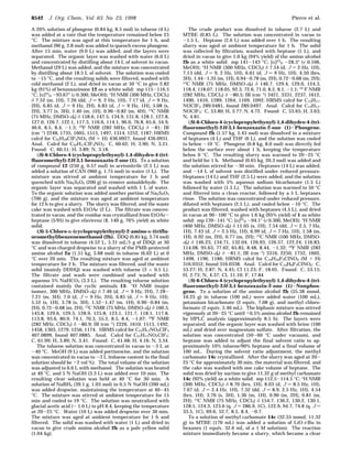 A 20% solution of phosgene (0.84 kg, 8.5 mol) in toluene (4 L)
was added at a rate that the temperature remained below 25
°C. The mixture was aged at this temperature for 1 h, and
methanol (90 g, 2.8 mol) was added to quench excess phosgene.
After 15 min, water (9.0 L) was added, and the layers were
separated. The organic layer was washed with water (6.0 L)
and concentrated by distilling about 14 L of solvent in vacuo.
Methanol (29 L) was added, and the mixture was concentrated
by distilling about 18.5 L of solvent. The solution was cooled
to -15 °C, and the resulting solids were filtered, washed with
cold methanol (2 L), and dried in vacuo at 50 °C to give 2.82
kg (91%) of benzoxazinone 12 as a white solid: mp 115-116.5
°C; [R]25
D -93.67° (c 0.300, MeOH); 1
H NMR (300 MHz, CDCl3)
δ 7.52 (m, 1H), 7.26 (dd, J ) 9, 2 Hz, 1H), 7.17 (d, J ) 9 Hz,
2H), 6.85 (d, J ) 9 Hz, 2H), 6.83 (d, J ) 9 Hz, 1H), 5.08 (s,
2H), 3.77 (s, 3H), 1.40 (m, 1H), 0.96-0.82 (m, 4H); 13C NMR
(75 MHz, DMSO-d6) δ 158.6, 147.5, 134.9, 131.8, 128.1, 127.8,
127.0, 126.7, 122.1, 117.3, 116.6, 114.1, 96.0, 76.8, 65.6, 54.9,
46.6, 8.5, 8.4, -1.3; 19
F NMR (282 MHz, CDCl3) δ -81; IR
(cm-1) 2248, 1735, 1605, 1515, 1497, 1314, 1252, 1187; HRMS
calcd for C22H18ClF3NO3 (M + H) 436.0927, found 436.0931.
Anal. Calcd for C22H17ClF3NO3: C, 60.62; H, 3.90; N, 3.21.
Found: C, 60.51; H, 3.89; N, 3.18.
(S)-6-Chloro-4-(cyclopropylethynyl)-1,4-dihydro-4-(tri-
fluoromethyl)-2H-3,1-benzoxazin-2-one (1). To a solution
of compound 12 (250 g, 0.57 mol) in acetonitrile (2.5 L) was
added a solution of CAN (960 g, 1.75 mol) in water (1 L). The
mixture was stirred at ambient temperature for 1 h and
quenched with Na2S2O5 (200 g) to remove anisaldehyde. The
organic layer was separated and washed with 1 L of water.
To the organic solution was added another portion of Na2S2O5
(700 g), and the mixture was aged at ambient temperature
for 12 h to give a slurry. The slurry was filtered, and the waste
cake was washed with EtOAc (2 L). The filtrate was concen-
trated in vacuo, and the residue was crystallized from EtOAc-
heptane (5/95) to give efavirenz (1, 140 g, 76% yield) as white
solid.
(S)-5-Chloro-r-(cyclopropylethynyl)-2-amino-r-(triflu-
oromethyl)benzenemethanol (2b). DDQ (0.85 kg, 3.74 mol)
was dissolved in toluene (4.52 L, 5.31 mL/1 g of DDQ) at 30
°C and was charged dropwise to a slurry of the PMB-protected
amino alcohol 2a (1.51 kg, 3.68 mol) in toluene (6.62 L) at 0
°C over 20 min. The resulting mixture was aged at ambient
temperature for 2 h. The mixture was filtered, and the waste
solid (mainly DDHQ) was washed with toluene (3 × 0.5 L).
The filtrate and wash were combined and washed with
aqueous 5% NaHCO3 (3.3 L). The resulting toluene solution
contained mainly the cyclic aminals 13: 1H NMR (major
isomer, 300 MHz, DMSO-d6) δ 7.46 (d, J ) 9 Hz, 2H), 7.28-
7.21 (m, 3H), 7.0 (d, J ) 9 Hz, 2H), 6.85 (d, J ) 9 Hz, 1H),
5.52 (s, 1H), 3.78 (s, 3H), 1.52-1.47 (m, 1H), 0.90-0.84 (m,
2H), 0.72-0.68 (m, 2H); 13
C NMR (75 MHz, DMSO-d6) δ 160.3,
143.8, 129.6, 129.3, 128.9, 125.8, 123.1, 121.7, 118.1, 117.8,
113.8, 93.6, 80.9, 74.1, 70.3, 55.2, 8.5, 8.4, -1.07; 19
F NMR
(282 MHz, CDCl3) δ -80.9; IR (cm-1) 2226, 1610, 1513, 1492,
1458, 1303, 1279, 1256, 1174. HRMS calcd for C21H17NO2ClF3
407.0899, found 407.0885. Anal. Calcd for C21H17NO2ClF3:
C, 61.99; H, 3.89; N, 3.41. Found: C, 61.68; H, 4.16; N, 3.34.
The toluene solution was concentrated in vacuo to ∼3 L at
∼40 °C. MeOH (9 L) was added portionwise, and the solution
was concentrated in vacuo to ∼3 L (toluene content in the final
solution should be <2 vol %). The total volume of the solution
was adjusted to 6.6 L with methanol. The solution was heated
at 40 °C, and 5 N NaOH (3.3 L) was added over 10 min. The
resulting clear solution was held at 40 °C for 30 min. A
solution of NaBH4 (39.1 g, 1.03 mol) in 0.5 N NaOH (390 mL)
was added dropwise, maintaining the temperature at 40-45
°C. The mixture was stirred at ambient temperature for 15
min and cooled to 19 °C. The solution was neutralized with
glacial acetic acid (∼ 1.0 L) to pH 8.4, keeping the temperature
at 20-25 °C. Water (10 L) was added dropwise over 30 min.
The mixture was aged at ambient temperature for 1 h and
filtered. The solid was washed with water (1 L) and dried in
vacuo to give crude amino alcohol 2b as a pale yellow solid
(1.04 kg).
The crude product was dissolved in toluene (2.7 L) and
MTBE (0.85 L). The solution was concentrated in vacuo to
∼1.5 L. Heptane (2.6 L) was added over 1 h. The resulting
slurry was aged at ambient temperature for 1 h. The solid
was collected by filtration, washed with heptane (1 L), and
dried in vacuo to give 1.0 kg (94% yield) of the amino alcohol
2b as a white solid: mp 141-143 °C; [R]25
D -28.3° (c 0.106,
MeOH); 1H NMR (300 MHz, CDCl3) δ 7.54 (d, J ) 2 Hz, 1H),
7.13 (dd, J ) 9, 2 Hz, 1H), 6.61 (d, J ) 9 Hz, 1H), 4.50 (brs,
3H), 1.44-1.35 (m, 1H), 0.94-0.78 (m, 2H), 0.72-0.68 (m, 2H);
13
C NMR (75 MHz, DMSO-d6) δ 146.7, 129.4, 129.0, 124.3,
118.4, 118.07, 118.05, 92.3, 72.6, 71.0, 8.2, 8.1, -1.1; 19
F NMR
(282 MHz, CDCl3) δ -80.5; IR (cm-1
) 3421, 3331, 2237, 1612,
1490, 1410, 1289, 1264, 1169, 1092; HRMS calcd for C13H11-
NOClF3 289.0481, found 289.0497. Anal. Calcd for C13H11-
NOClF3: C, 53.80; H, 3.77; N, 4.72. Found: C, 53.65; H, 3.63;
N, 4.81.
(S)-6-Chloro-4-(cyclopropylethynyl)-1,4-dihydro-4-(tri-
fluoromethyl)-2H-3,1-benzoxazin-2-one (1)-Phosgene.
Compound 2b (1.57 kg, 5.43 mol) was dissolved in a mixture
of heptanes (4 L) and THF (6 L), and the solution was cooled
to below -10 °C. Phosgene (0.8 kg, 8.0 mol) was directly fed
below the surface over about 1 h, keeping the temperature
below 0 °C. The resulting slurry was warmed to 20-25 °C
and held for 1 h. Methanol (0.65 kg, 20.3 mol) was added and
the solution stirred for ∼30 min. Heptanes (14 L) was added,
and ∼14 L of solvent was distilled under reduced pressure.
Heptanes (14 L) and THF (2.5 L) were added, and the solution
was washed with 5% aqueous sodium bicarbonate (1.5 L)
followed by water (1.5 L). The solution was warmed to 50 °C
and filtered into a clean reactor, followed by a 5 L heptanes
rinse. The solution was concentrated under reduced pressure,
diluted with heptanes (2.5 L), and cooled below -10 °C. The
product was filtered, washed with heptanes (4.5 L), and dried
in vacuo at 90-100 °C to give 1.6 kg (95% yield) of 1 as white
solid: mp 139-141 °C; [R]25
D -94.1° (c 0.300, MeOH); 1
H NMR
(400 MHz, DMSO-d6) δ 11.05 (s, 1H), 7.54 (dd, J ) 2.5, 7 Hz,
1H), 7.43 (d, J ) 2.5 Hz, 1H), 6.99 (d, J ) 7 Hz, 1H), 1.58 (m,
1H), 0.92 (m, 2H), 0.77 (m, 2H); 13C NMR (100 MHz, DMSO-
d6) δ 146.23, 134.71, 132.04, 126.93, 126.57, 122.24, 116.83,
114.08, 95.63, 77.62, 65.85, 8.48, 8.44, -1.32; 19
F NMR (282
MHz, DMSO-d6) δ -81.1; IR (cm-1) 3316, 2250, 1752, 1602,
1498, 1196, 1186; HRMS calcd for C14H10F3ClNO2 (M + H)
316.0352, found 316.0338. Anal. Calcd for C14H9F3ClNO2: C,
53.27; H, 2.87; N, 4.45; Cl 11.23; F, 18.05. Found: C, 53.15;
H, 2.73; N, 4.37; Cl, 11.10; F, 17.84
(S)-6-Chloro-4-(cyclopropylethynyl)-1,4-dihydro-4-(tri-
fluoromethyl)-2H-3,1-benzoxazin-2-one (1)-Nonphos-
gene. To a solution of the amino alcohol 2b (35.38 mmol,
10.25 g) in toluene (100 mL) were added water (100 mL),
potassium bicarbonate (2 equiv, 7.08 g), and methyl chloro-
formate (2 equiv, 5.46 mL). The biphasic mixture was stirred
vigorously at 20-25 °C until <0.5% amino alcohol 2b remained
by HPLC analysis (approximately 8.5 h). The layers were
separated, and the organic layer was washed with brine (100
mL) and dried over magnesium sulfate. After filtration, the
solution was concentrated (50-60 °C under vacuum), and
heptane was added to adjust the final solvent ratio to ap-
proximately 10% toluene/90% heptane and a final volume of
100 mL. During the solvent ratio adjustment, the methyl
carbamate 14c crystallized. After the slurry was aged at 20-
25 °C for approximately 30 min, the material was filtered, and
the cake was washed with one cake volume of heptane. The
solid was dried by suction to give 11.32 g of methyl carbamate
14c (92% yield) as a white solid: mp 112.5-114.5 °C; 1
H NMR
(300 MHz, CDCl3) δ 8.70 (brs, 1H), 8.03 (d, J ) 8.5 Hz, 1H),
7.67 (d, J ) 2.4 Hz, 1H), 7.32 (dd, J ) 8.9, 2.5 Hz, 1H), 4.54
(brs, 1H), 3.76 (s, 3H), 1.36 (m, 1H), 0.90 (m, 2H), 0.81 (m,
2H); 13C NMR (75 MHz, CDCl3) δ 154.7, 136.2, 130.2, 130.1,
128.1, 124.3, 123.6 (q, J ) 286.9, 1C), 122.9, 94.7, 74.8 (q, J )
33.5, 1C), 69.6, 52.7, 8.5, 8.4, -0.7.
To a solution of methyl carbamate 14c (32.55 mmol, 11.32
g) in MTBE (170 mL) was added a solution of LiO-t-Bu in
hexanes (1 equiv, 32.6 mL of a 1 M solution). The reaction
mixture immediately became a slurry, which became a clear
8542 J. Org. Chem., Vol. 63, No. 23, 1998 Pierce et al.
 
