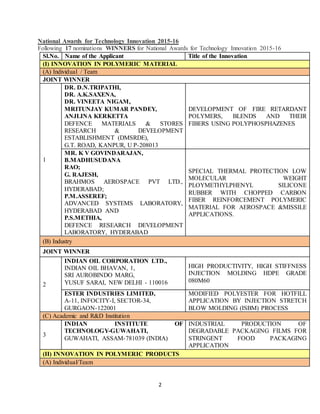 2
National Awards for Technology Innovation 2015-16
Following 17 nominations WINNERS for National Awards for Technology Innovation 2015-16
Sl.No. Name of the Applicant Title of the Innovation
(I) INNOVATION IN POLYMERIC MATERIAL
(A) Individual / Team
JOINT WINNER
1
DR. D.N.TRIPATHI,
DR. A.K.SAXENA,
DR. VINEETA NIGAM,
MRITUNJAY KUMAR PANDEY,
ANJLINA KERKETTA
DEFENCE MATERIALS & STORES
RESEARCH & DEVELOPMENT
ESTABLISHMENT (DMSRDE),
G.T. ROAD, KANPUR, U P-208013
DEVELOPMENT OF FIRE RETARDANT
POLYMERS, BLENDS AND THEIR
FIBERS USING POLYPHOSPHAZENES
MR. K V GOVINDARAJAN,
B.MADHUSUDANA
RAO;
G. RAJESH,
BRAHMOS AEROSPACE PVT LTD.,
HYDERABAD;
P.M.ASSEREF;
ADVANCED SYSTEMS LABORATORY,
HYDERABAD AND
P.S.METHIA,
DEFENCE RESEARCH DEVELOPMENT
LABORATORY, HYDERABAD
SPECIAL THERMAL PROTECTION LOW
MOLECULAR WEIGHT
PLOYMETHYLPHENYL SILICONE
RUBBER WITH CHOPPED CARBON
FIBER REINFORCEMENT POLYMERIC
MATERIAL FOR AEROSPACE &MISSILE
APPLICATIONS.
(B) Industry
JOINT WINNER
2
INDIAN OIL CORPORATION LTD.,
INDIAN OIL BHAVAN, 1,
SRI AUROBINDO MARG,
YUSUF SARAI, NEW DELHI - 110016
HIGH PRODUCTIVITY, HIGH STIFFNESS
INJECTION MOLDING HDPE GRADE
080M60
ESTER INDUSTRIES LIMITED,
A-11, INFOCITY-I, SECTOR-34,
GURGAON-122001
MODIFIED POLYESTER FOR HOTFILL
APPLICATION BY INJECTION STRETCH
BLOW MOLDING (ISBM) PROCESS
(C) Academic and R&D Institution
3
INDIAN INSTITUTE OF
TECHNOLOGY-GUWAHATI,
GUWAHATI, ASSAM-781039 (INDIA)
INDUSTRIAL PRODUCTION OF
DEGRADABLE PACKAGING FILMS FOR
STRINGENT FOOD PACKAGING
APPLICATION
(II) INNOVATION IN POLYMERIC PRODUCTS
(A) Individual/Team
 