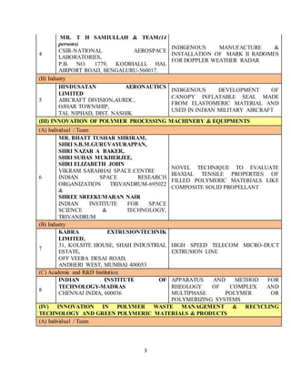 3
4
MR. T H SAMIULLAH & TEAM(14
persons)
CSIR-NATIONAL AEROSPACE
LABORATORIES,
P.B. NO. 1779, KODIHALLI, HAL
AIRPORT ROAD, BENGALURU-560017.
INDIGENOUS MANUFACTURE &
INSTALLATION OF MARK II RADOMES
FOR DOPPLER WEATHER RADAR
(B) Industry
5
HINDUSATAN AERONAUTICS
LIMITED
AIRCRAFT DIVISION,AURDC,
OJHAR TOWNSHIP,
TAL NIPHAD, DIST. NASHIK
INDIGENOUS DEVELOPMENT OF
CANOPY INFLATABLE SEAL MADE
FROM ELASTOMERIC MATERIAL AND
USED IN INDIAN MILITARY AIRCRAFT
(III) INNOVATION OF POLYMER PROCESSING MACHINERY & EQUIPMENTS
(A) Individual / Team
6
MR. BHATT TUSHAR SHRIRAM,
SHRI S.B.M.GURUVAYURAPPAN,
SHRI NAZAR A BAKER,
SHRI SUHAS MUKHERJEE,
SHRI ELIZABETH JOHN
VIKRAM SARABHAI SPACE CENTRE
INDIAN SPACE RESEARCH
ORGANIZATION TRIVANDRUM-695022
&
SHREE SREEKUMARAN NAIR
INDIAN INSTITUTE FOR SPACE
SCIENCE & TECHNOLOGY,
TRIVANDRUM
NOVEL TECHNIQUE TO EVALUATE
BIAXIAL TENSILE PROPERTIES OF
FILLED POLYMERIC MATERIALS LIKE
COMPOSITE SOLID PROPELLANT
(B) Industry
7
KABRA EXTRUSIONTECHNIK
LIMITED,
31, KOLSITE HOUSE, SHAH INDUSTRIAL
ESTATE,
OFF VEERA DESAI ROAD,
ANDHERI WEST, MUMBAI 400053
HIGH SPEED TELECOM MICRO-DUCT
EXTRUSION LINE
(C) Academic and R&D Institution
8
INDIAN INSTITUTE OF
TECHNOLOGY-MADRAS
CHENNAI INDIA, 600036
APPARATUS AND METHOD FOR
RHEOLOGY OF COMPLEX AND
MULTIPHASE POLYMER OR
POLYMERIZING SYSTEMS
(IV) INNOVATION IN POLYMER WASTE MANAGEMENT & RECYCLING
TECHNOLOGY AND GREEN POLYMERIC MATERIALS & PRODUCTS
(A) Individual / Team
 