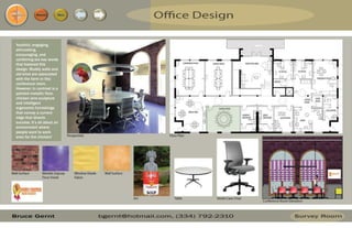 Resume Menu
Youthful, engaging,
stimulating,
encouraging, and
conferring are key words
that fostered this
design. Muddy walls and
old brick are associated
with the farm in this
conference room.
However, In contrast is a
painted metallic floor,
chicken wire sculpture
and intelligent
ergonomic furnishings
that convey a current
edge that directs
success. It’s all about an
environment where
people want to work
even for the chicken!
 