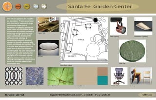 The office is all about the need for
an abundance of tasks associated
with this kind of business. A large
commercial copper sink is
necessary for prepping plants and
quick clean up. The unusual angle
of the room is purposely created to
encourage thought and the large
desk countertops developed for
different work activities. A
consultation table with stacking
chairs is in place for meeting with
clients, employees and vendors. This
is a quiet area detached from the
main store to focus on business
uninterrupted. The semi transparent
panels for the water wall plus the
sky lights offer increased natural
light for improved visibility. Track
lighting is strategically placed above
work and clean up areas to best
accomplish work.
Resume Menu
 