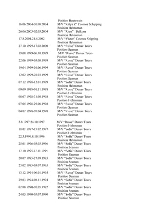 Position Boatswain
16.06.2004-30.08.2004 M/V “Katya Z” Cosmos Schipping
Position Helmsman
26.06.2003-02.03.2004 M/V “Rhea” Bulkom
Position Helmsman
17.8.2001.21.4.2002 M/V “Victor” Cosmos Shipping
Position Helmsman
27.10.1999-17.02.2000 M/V “Russe” Dunav Tours
Position Seaman
19.08.1999-06.10.1999 M/V “Russe” Dunav Tours
Position Seaman
22.06.1999-03.08.1999 M/V “Russe” Dunav Tours
Position Seaman
19.04.1999-01.06.1999 M/V “Russe” Dunav Tours
Position Seaman
12.02.1999-28.03.1999 M/V “Russe” Dunav Tours
Position Seaman
07.12.1998-12.01.1999 M/V “Sofia” Dunav Tours
Position Helmsman
09.09.1998-01.11.1998 M/V “Russe” Dunav Tours
Position Helmsman
08.07.1998-31.08.1998 M/V “Russe” Dunav Tours
Position Helmsman
07.05.1998-29.06.1998 M/V “Russe” Dunav Tours
Position Seaman
04.02.1998-20.04.1998 M/V “Russe” Dunav Tours
Position Seaman
5.8.1997.24.10.1997 M/V “Russe” Dunav Tours
Position Helmsman
18.01.1997-15.02.1997 M/V “Sofia” Dunav Tours
Position Helmsman
22.3.1996.8.10.1996 M/V “Sofia” Dunav Tours
Position Helmsman
25.01.1996-03.03.1996 M/V “Sofia” Dunav Tours
Position Seaman
17.10.1995.27.11.1995 M/V “Sofia” Dunav Tours
Position Seaman
20.07.1995-27.09.1995 M/V “Sofia” Dunav Tours
Position Seaman
23.02.1995-03.07.1995 M/V “Sofia” Dunav Tours
Position Seaman
13.12.1994-06.01.1995 M/V “Russe” Dunav Tours
Position Seaman
29.03.1994-08.11.1994 M/V “Sofia” Dunav Tours
Position Seaman
02.08.1990-20.05.1992 M/V “Sofia” Dunav Tours
Position Seaman
24.05.1990-05.07.1990 M/V “Sofia” Dunav Tours
Position Seaman
 