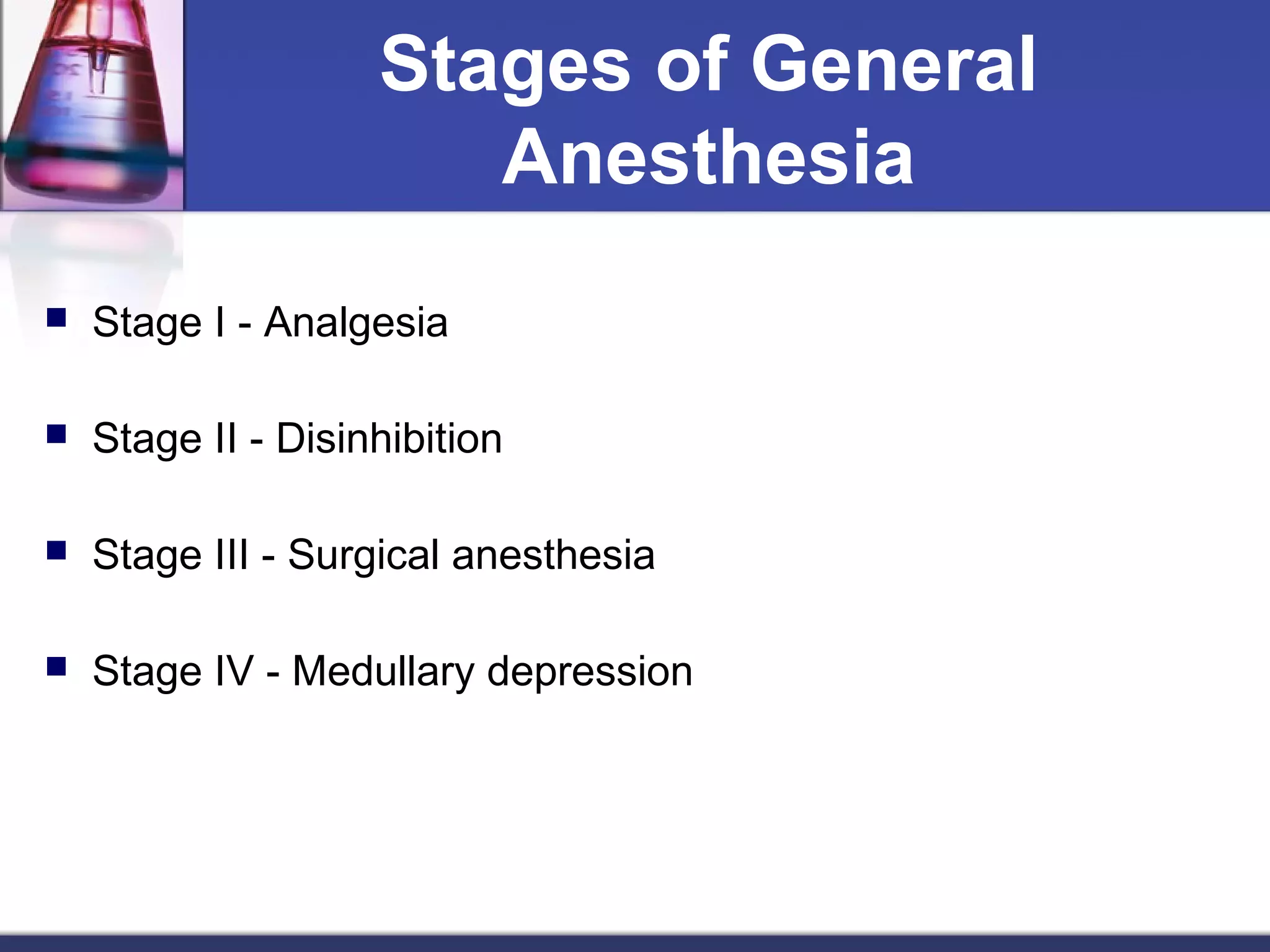 Stages of General
Anesthesia
 Stage I - Analgesia
 Stage II - Disinhibition
 Stage III - Surgical anesthesia
 Stage IV - Medullary depression
 