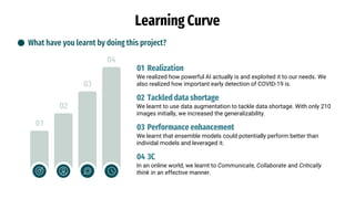 Learning Curve
What have you learnt by doing this project?
01
02
03
04
01
We realized how powerful AI actually is and exploited it to our needs. We
also realized how important early detection of COVID-19 is.
Realization
02
We learnt to use data augmentation to tackle data shortage. With only 210
images initially, we increased the generalizability.
Tackled data shortage
03
We learnt that ensemble models could potentially perform better than
individal models and leveraged it.
Performance enhancement
04
In an online world, we learnt to Communicate, Collaborate and Critically
think in an effective manner.
3C
 