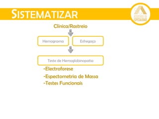 SISTEMATIZAR
Hemograma
Clínica/Rastreio
Esfregaço
Teste de Hemoglobinopatia
-Electroforese
-Espectometria de Massa
-Testes Funcionais
 