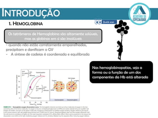 INTRODUÇÃO
1. HEMOGLOBINA
Os tetrâmeros de Hemoglobina são altamente solúveis,
mas as globinas em si são insolúveis
- quando não estão corretamente emparelhadas,
precipitam e danificam o GV
- A síntese de cadeias é coordenada e equilibrada
Nas hemoglobinopatias, seja a
forma ou a função de um dos
componentes da Hb está alterada
 