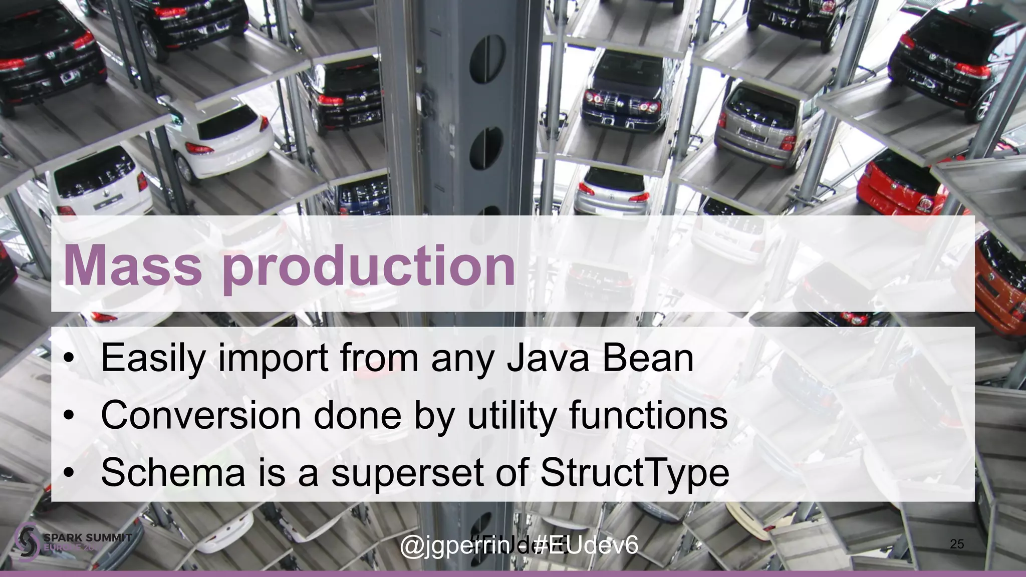 Mass production • Easily import from any Java Bean • Conversion done by utility functions • Schema is a superset of StructType 25#EUdev6@jgperrin - #EUdev6 