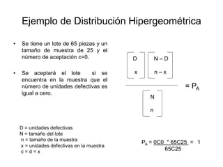 Ejemplo de Distribución Hipergeométrica
• Se tiene un lote de 65 piezas y un
tamaño de muestra de 25 y el
número de aceptación c=0.
• Se aceptará el lote si se
encuentra en la muestra que el
número de unidades defectivas es
igual a cero.
D N – D
x n – x
PA = 0C0 * 65C25 =
65C25
N
n
1
D = unidades defectivas
N = tamaño del lote
n = tamaño de la muestra
x = unidades defectivas en la muestra
c = d = x
= PA
 