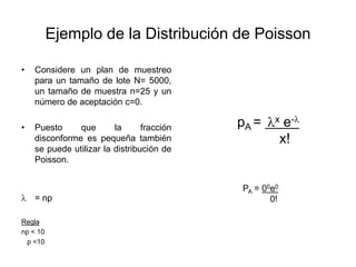Ejemplo de la Distribución de Poisson
• Considere un plan de muestreo
para un tamaño de lote N= 5000,
un tamaño de muestra n=25 y un
número de aceptación c=0.
• Puesto que la fracción
disconforme es pequeña también
se puede utilizar la distribución de
Poisson.
 = np
Regla
np < 10
p <10
pA = x e-
x!
PA = 00e0
0!
 