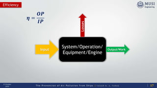 T h e P r e v e n t i o n o f A i r P o l l u t i o n f r o m S h i p s | Y A S S E R B . A . F A R A G
13 October
2020
Efficiency
17
System/Operation/
Equipment/Engine
Input Output/Work
Losses
𝜼 =
𝑶𝑷
𝑰𝑷
 