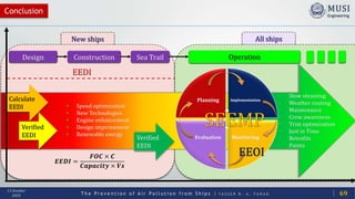 T h e P r e v e n t i o n o f A i r P o l l u t i o n f r o m S h i p s | Y A S S E R B . A . F A R A G
13 October
2020
Conclusion
69
All shipsNew ships
Design Construction Sea Trail Operation
Calculate
EEDI
Verified
EEDI Verified
EEDI
Planning Implementation
MonitoringEvaluation
• Speed optimization
• New Technologies
• Engine enhancement
• Design improvement
• Renewable energy
• Slow steaming
• Weather routing
• Maintenance
• Crew awareness
• Trim optimization
• Just in Time
• Retrofits
• Paints
𝑬𝑬𝑫𝑰 =
𝑭𝑶𝑪 × 𝑪
𝑪𝒂𝒑𝒂𝒄𝒊𝒕𝒚 × 𝑽𝒔
EEDI
 