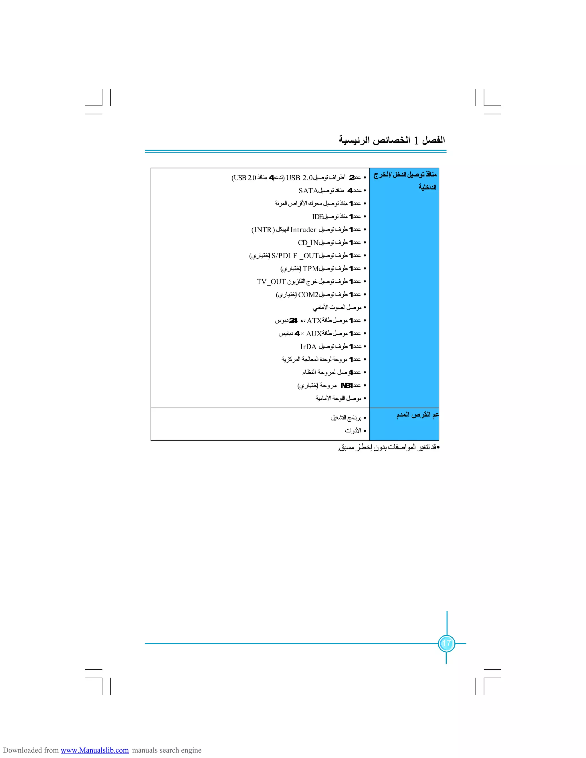 17
‫اﻟﻔﺼﻞ‬1‫اﻟﺮﺋﯿﺴﯿﺔ‬ ‫اﻟﺨﺼﺎﺋﺺ‬
‫اﻟﺨﺮج‬/ ‫اﻟﺪﺧﻞ‬‫ﺗﻮﺻﯿﻞ‬‫ﻣﻨﺎﻓﺬ‬
‫اﻟﺪاﺧﻠﯿﺔ‬
Ÿ‫ﻋﺪد‬2‫أﻃﺮاف‬‫ﺗﻮﺻﯿﻞ‬USB 2.0)‫ﺗﺪﻋﻢ‬4‫ﻣﻨﺎﻓﺬ‬USB 2.0(
Ÿ‫ﻋﺪد‬4‫ﺗﻮﺻﯿﻞ‬‫ﻣﻨﺎﻓﺬ‬SATA
Ÿ‫ﻋﺪد‬1‫اﻟﻤﺮﻧﺔ‬ ‫اﻷﻗﺮاص‬ ‫ﻣﺤﺮك‬ ‫ﺗﻮﺻﯿﻞ‬‫ﻣﻨﻔﺬ‬
Ÿ‫ﻋﺪد‬1‫ﺗﻮﺻﯿﻞ‬‫ﻣﻨﻔﺬ‬IDE
Ÿ‫ﻋﺪد‬1‫ﺗﻮﺻﯿﻞ‬‫ﻃﺮف‬Intruder‫ﻟﻠﮭﯿﻜﻞ‬)(INTR
Ÿ‫ﻋﺪد‬1‫ﺗﻮﺻﯿﻞ‬‫ﻃﺮف‬INCD_
Ÿ‫ﻋﺪد‬1‫ﺗﻮﺻﯿﻞ‬‫ﻃﺮف‬S/PDI F _OUT)‫اﺧﺘﯿﺎري‬(
Ÿ‫ﻋﺪد‬1‫ﺗﻮﺻﯿﻞ‬‫ﻃﺮف‬TPM)‫اﺧﺘﯿﺎري‬(
Ÿ‫ﻋﺪد‬1‫اﻟﺘﻠﻔﺰﯾﻮن‬‫ﺧﺮج‬‫ﺗﻮﺻﯿﻞ‬‫ﻃﺮف‬TV_OUT
Ÿ‫ﻋﺪد‬1‫ﺗﻮﺻﯿﻞ‬‫ﻃﺮف‬COM2)‫اﺧﺘﯿﺎري‬(
Ÿ‫اﻷﻣﺎﻣﻲ‬‫اﻟﺼﻮت‬‫ﻣﻮﺻﻞ‬
Ÿ‫ﻋﺪد‬1‫ﻃﺎﻗﺔ‬‫ﻣﻮﺻﻞ‬ATX‫،ء‬24‫دﺑﻮس‬
Ÿ‫ﻋﺪد‬1‫ﻃﺎﻗﺔ‬‫ﻣﻮﺻﻞ‬AUX×4‫دﺑﺎﺑﯿﺲ‬
Ÿ‫ﻋﺪد‬1‫ﺗﻮﺻﯿﻞ‬‫ﻃﺮف‬IrDA
Ÿ‫ﻋﺪد‬1‫اﻟﻤﺮﻛﺰﯾﺔ‬ ‫اﻟﻤﻌﺎﻟﺠﺔ‬ ‫ﻟﻮﺣﺪة‬ ‫ﻣﺮوﺣﺔ‬
Ÿ‫ﻋﺪد‬1‫اﻟﻨﻈﺎم‬ ‫ﻟﻤﺮوﺣﺔ‬ ‫ﻣﻮﺻﻞ‬
Ÿ‫ﻋﺪد‬1‫ﻣﺮوﺣﺔ‬ NB)‫اﺧﺘﯿﺎري‬(
Ÿ‫اﻷﻣﺎﻣﯿﺔ‬ ‫اﻟﻠﻮﺣﺔ‬ ‫ﻣﻮﺻﻞ‬
‫اﻟﻤﺪم‬ ‫اﻟﻘﺮص‬ ‫دﻋﻢ‬Ÿ‫اﻟﺘﺸﻐﯿﻞ‬ ‫ﺑﺮﻧﺎﻣﺞ‬
Ÿ‫اﻷدوات‬
Ÿ.‫ﻣﺴﺒﻖ‬‫إﺧﻄﺎر‬‫ﺑﺪون‬‫اﻟﻤﻮاﺻﻔﺎت‬‫ﺗﺘﻐﯿﺮ‬‫ﻗﺪ‬
Downloaded from www.Manualslib.com manuals search engine
 