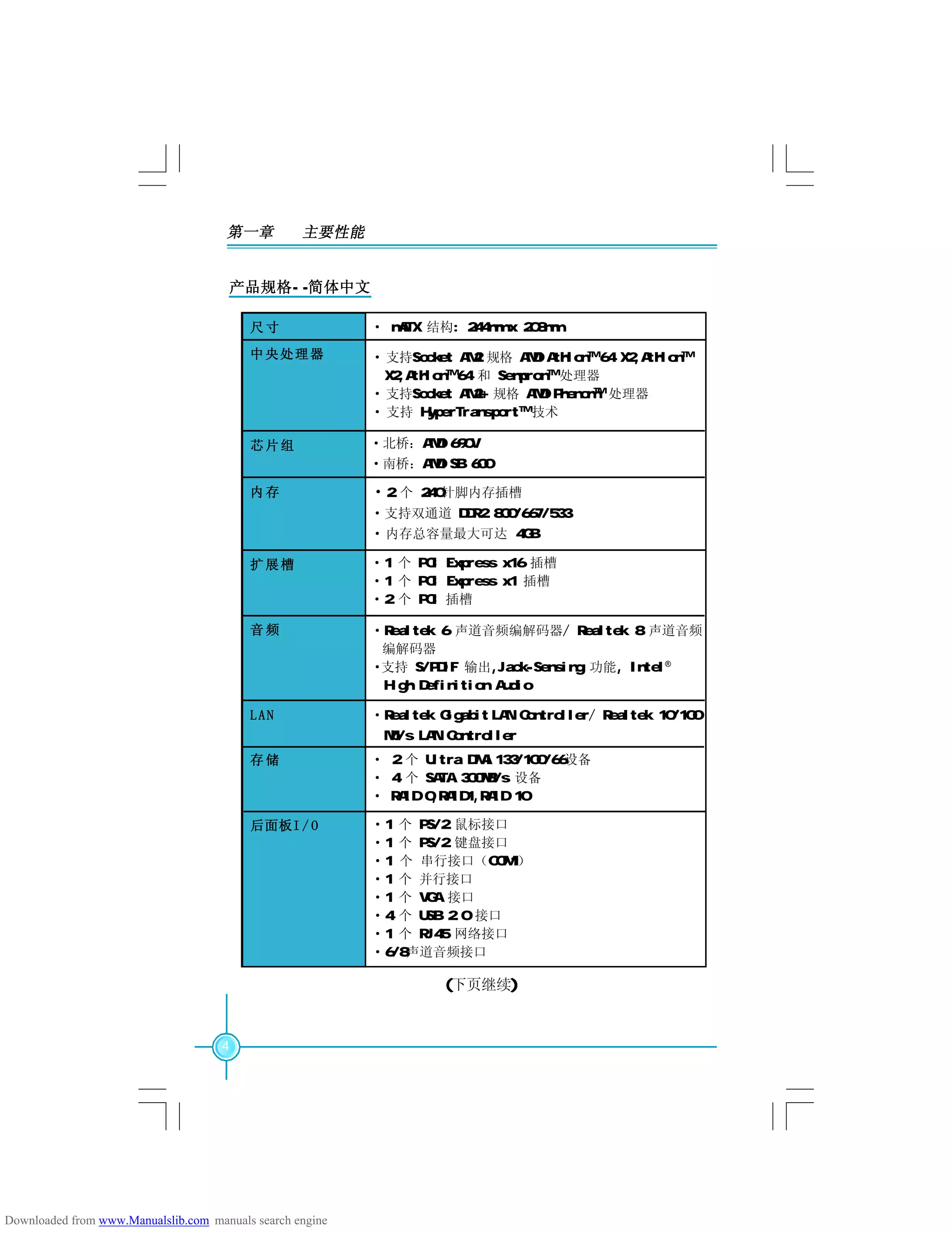 第一章 主要性能
4
产品规格- -简体中文
(下页继续)
·Realtek Gigabit LAN Controller/ Realtek 10/100
Mb/s LAN Controller
·2 个 240针脚内存插槽
·支持双通道 DDR2 800/667/533
·内存总容量最大可达 4GB
·北桥：AMD 690V
·南桥：AMD SB 600
·支持Socket AM2 规格 AMD AthlonTM
64 X2,AthlonTM
X2,AthlonTM
64 和 SempronTM
处理器
·支持Socket AM2+ 规格 AMD PhenomTM
处理器
· 支持 HyperTransportTM
技术
· mATX 结构: 244mm x 208mm尺 寸
中央处理器
芯片组
内 存
LAN
扩展槽 ·1 个 PCI Express x16 插槽
·1 个 PCI Express x1 插槽
·2 个 PCI 插槽
音 频
存 储 · 2 个 Ultra DMA 133/100/66设备
· 4 个 SATA 300MB/s 设备
· RAID 0,RAID1,RAID 10
·Realtek 6 声道音频编解码器/ Realtek 8 声道音频
编解码器
·支持 S/PDIF 输出,Jack-Sensing 功能, Intel®
High Definition Audio
后面板I / O ·1 个 PS/2 鼠标接口
·1 个 PS/2 键盘接口
·1 个 串行接口（COM1）
·1 个 并行接口
·1 个 VGA 接口
·4 个 USB 2.0 接口
·1 个 RJ45 网络接口
·6/8声道音频接口
Downloaded from www.Manualslib.com manuals search engine
 