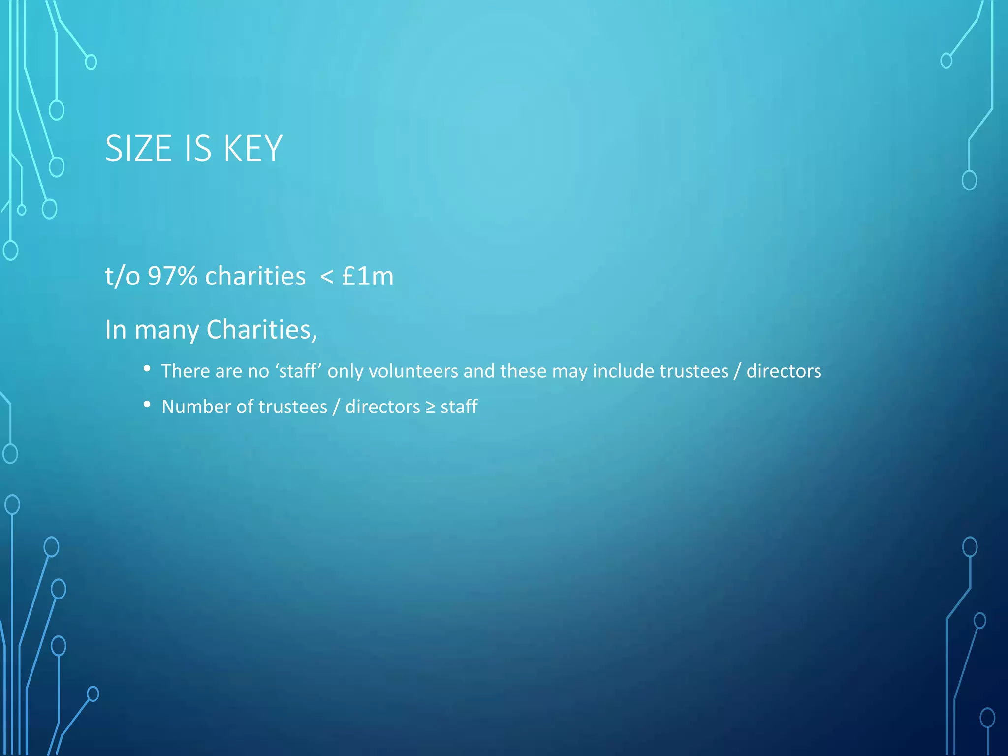 SIZE IS KEY
t/o 97% charities < £1m
In many Charities,
• There are no ‘staff’ only volunteers and these may include trustees / directors
• Number of trustees / directors ≥ staff
 