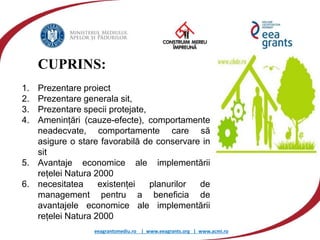 eeagrantsmediu.ro | www.eeagrants.org | www.acmi.ro
CUPRINS:
1. Prezentare proiect
2. Prezentare generala sit,
3. Prezentare specii protejate,
4. Amenințări (cauze-efecte), comportamente
neadecvate, comportamente care să
asigure o stare favorabilă de conservare in
sit
5. Avantaje economice ale implementării
rețelei Natura 2000
6. necesitatea existenței planurilor de
management pentru a beneficia de
avantajele economice ale implementării
rețelei Natura 2000
 