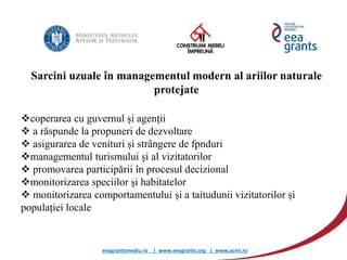 eeagrantsmediu.ro | www.eeagrants.org | www.acmi.ro
Sarcini uzuale în managementul modern al ariilor naturale
protejate
coperarea cu guvernul și agenții
 a răspunde la propuneri de dezvoltare
 asigurarea de venituri și strângere de fpnduri
managementul turismului și al vizitatorilor
 promovarea participării în procesul decizional
monitorizarea speciilor și habitatelor
 monitorizarea comportamentului și a taitudunii vizitatorilor și
populației locale
 