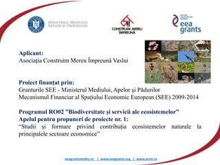 eeagrantsmediu.ro | www.eeagrants.org | www.acmi.ro
Aplicant:
Asociația Construim Mereu Împreună Vaslui
Proiect finanțat prin:
Granturile SEE - Ministerul Mediului, Apelor şi Pădurilor
Mecanismul Financiar al Spațiului Economic European (SEE) 2009-2014
Programul RO02 ”Biodiversitate și servicii ale ecosistemelor”
Apelul pentru propuneri de proiecte nr. 1:
“Studii și formare privind contribuția ecosistemelor naturale la
principalele sectoare economice”
 