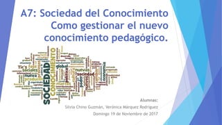 A7: Sociedad del Conocimiento
Como gestionar el nuevo
conocimiento pedagógico.
Alumnas:
Silvia Chino Guzmán, Verónica Márquez Rodríguez
Domingo 19 de Noviembre de 2017
 