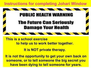 Instructions for completing Johari Window This is a school exercise  to help us to work better together.  It is NOT private therapy.  It is not the opportunity to get your own back on someone, or to tell someone the big secret you have been dying to tell someone for years. 