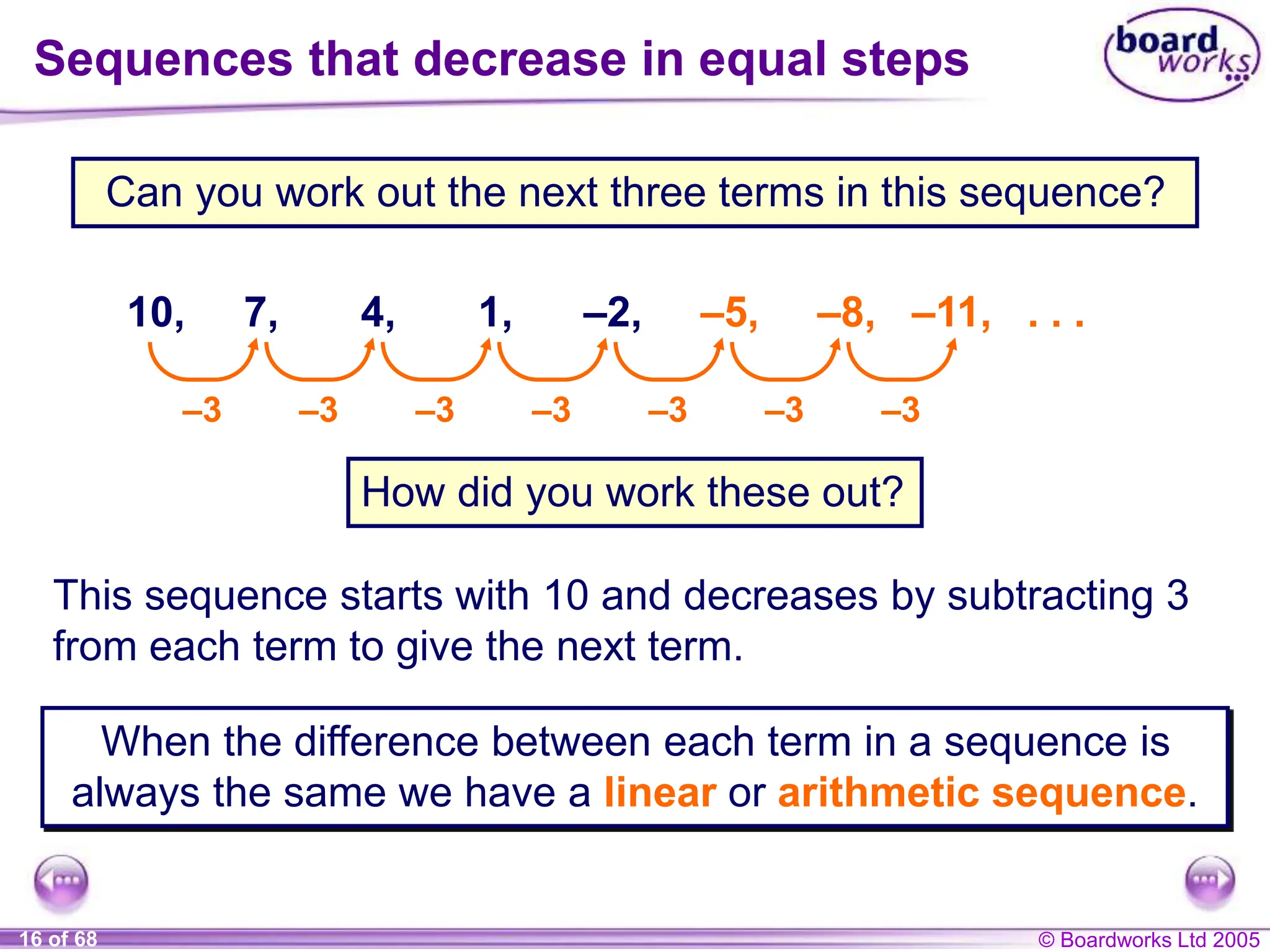 © Boardworks Ltd 2005
16 of 68
Can you work out the next three terms in this sequence?
How did you work these out?
This sequence starts with 10 and decreases by subtracting 3
from each term to give the next term.
Sequences that decrease in equal steps
10, 7, 4, 1, –2, –5, –8, –11, . . .
–3 –3 –3 –3 –3 –3 –3
When the difference between each term in a sequence is
always the same we have a linear or arithmetic sequence.
 