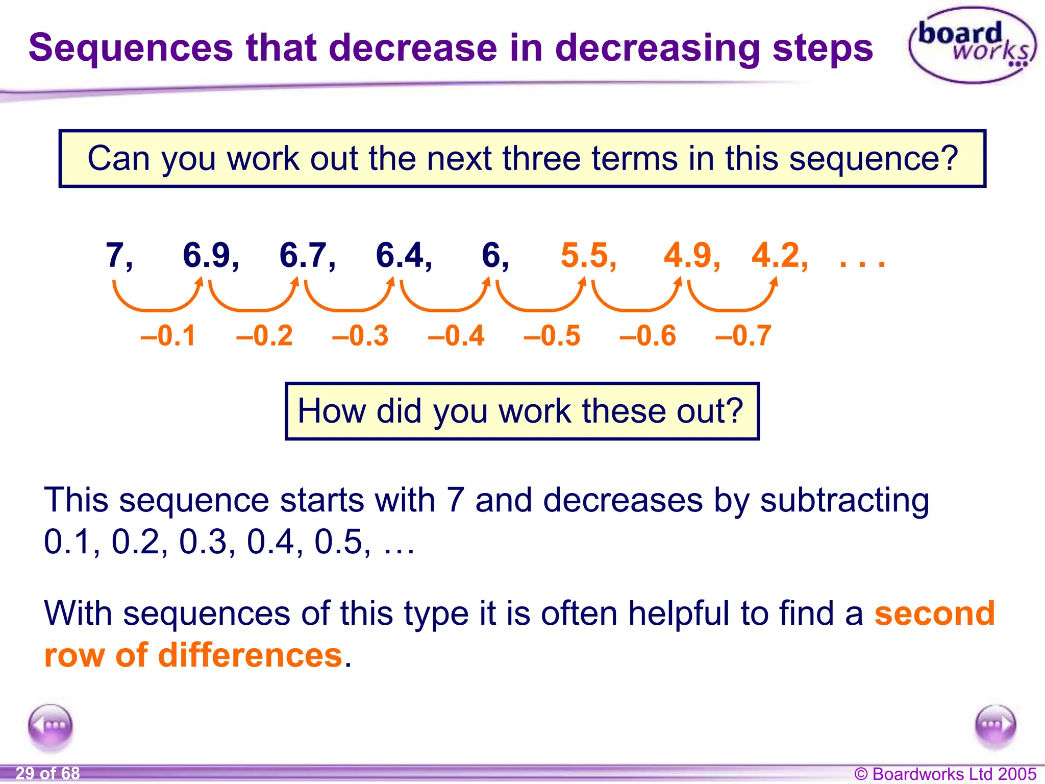 © Boardworks Ltd 2005
29 of 68
Can you work out the next three terms in this sequence?
How did you work these out?
This sequence starts with 7 and decreases by subtracting
0.1, 0.2, 0.3, 0.4, 0.5, …
Sequences that decrease in decreasing steps
7, 6.9, 6.7, 6.4, 6, 5.5, 4.9, 4.2, . . .
–0.1 –0.2 –0.3 –0.4 –0.5 –0.6 –0.7
With sequences of this type it is often helpful to find a second
row of differences.
 