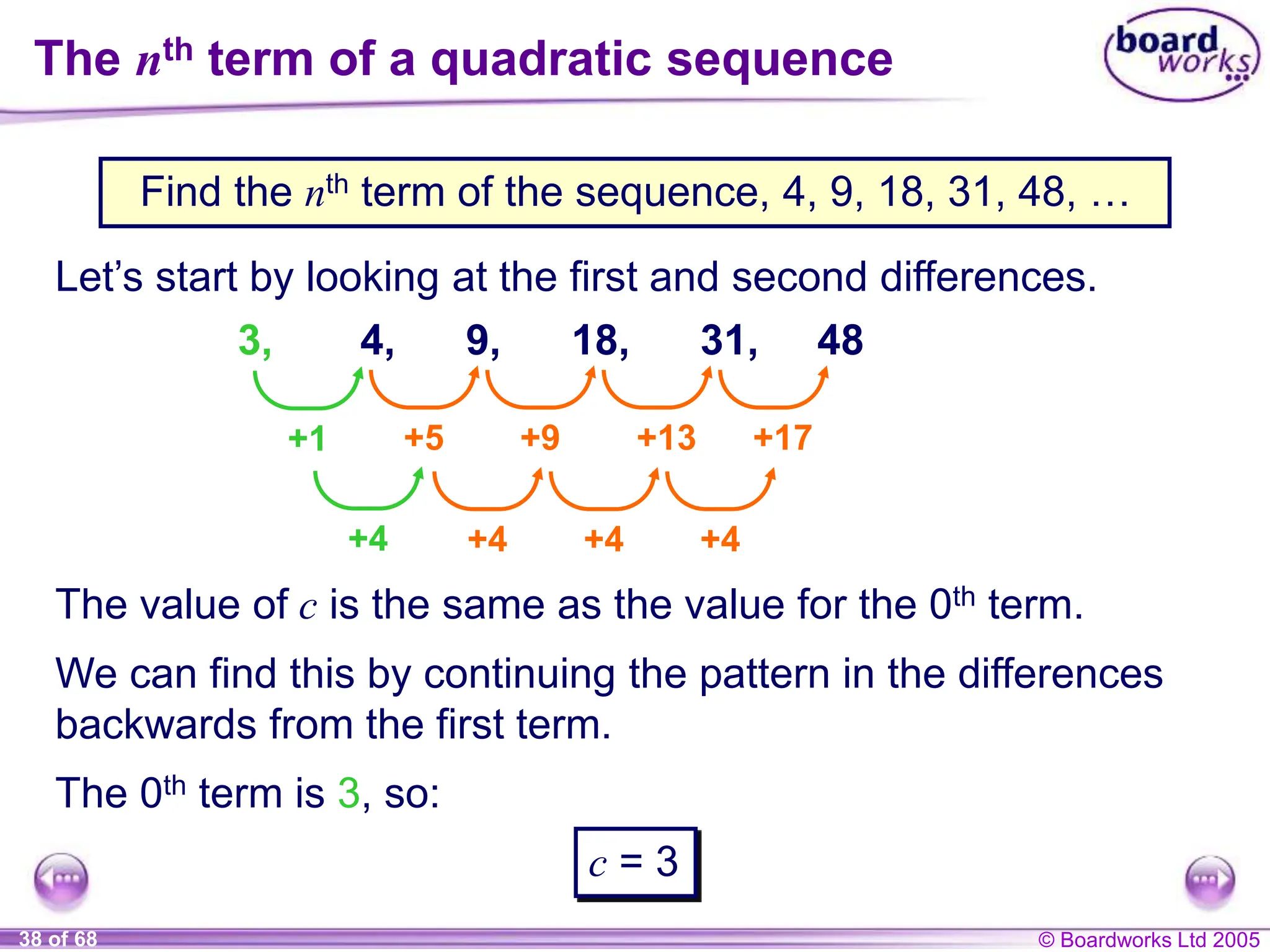 © Boardworks Ltd 2005
38 of 68
The nth term of a quadratic sequence
Let’s start by looking at the first and second differences.
4, 9, 18, 31, 48
+5 +9 +13 +17
+4 +4 +4
The value of c is the same as the value for the 0th term.
+4
+1
3,
We can find this by continuing the pattern in the differences
backwards from the first term.
The 0th term is 3, so:
c = 3
Find the nth term of the sequence, 4, 9, 18, 31, 48, …
 
