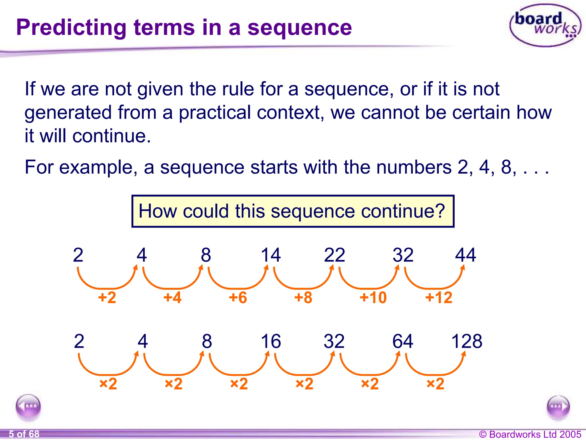 © Boardworks Ltd 2005
5 of 68
Predicting terms in a sequence
If we are not given the rule for a sequence, or if it is not
generated from a practical context, we cannot be certain how
it will continue.
For example, a sequence starts with the numbers 2, 4, 8, . . .
How could this sequence continue?
+2 +4
2 4 8
+6
14
+8
22
+10
32
+12
44
×2 ×2
2 4 8
×2
16
×2
32
×2
64
×2
128
 