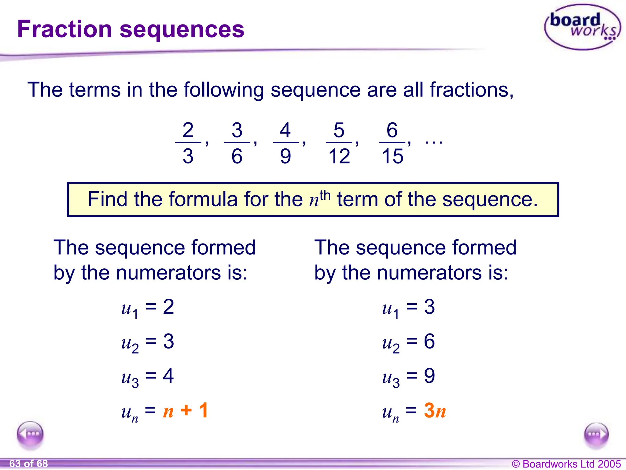 © Boardworks Ltd 2005
63 of 68
Fraction sequences
The terms in the following sequence are all fractions,
2
3
, 3
6
, 4
9
, 5
12
, 6
15
, …
Find the formula for the nth term of the sequence.
The sequence formed
by the numerators is:
u1 = 2
u2 = 3
u3 = 4
un = n + 1
The sequence formed
by the numerators is:
u1 = 3
u2 = 6
u3 = 9
un = 3n
 