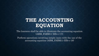 THE ACCOUNTING
EQUATION
The learners shall be able to illustrate the accounting equation
(ABM_FABM11-IIIb-c-17);
Perform operations involving simple cases with the use of the
accounting equation (ABM_FABM11-IIIb-c-18)
 