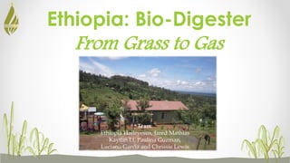 Ethiopia: Bio-Digester
From Grass to Gas
Team:
Ethiopia Haileyesus, Jared Mathias
Kaytlin Li, Paulina Guzman,
Luciano Garcia and Chrissie Lewis
 