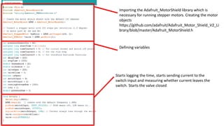 Importing the Adafruit_MotorShield library which is
necessary for running stepper motors. Creating the motor
objects
https://github.com/adafruit/Adafruit_Motor_Shield_V2_Li
brary/blob/master/Adafruit_MotorShield.h
Defining variables
Starts logging the time, starts sending current to the
switch input and measuring whether current leaves the
switch. Starts the valve closed
 