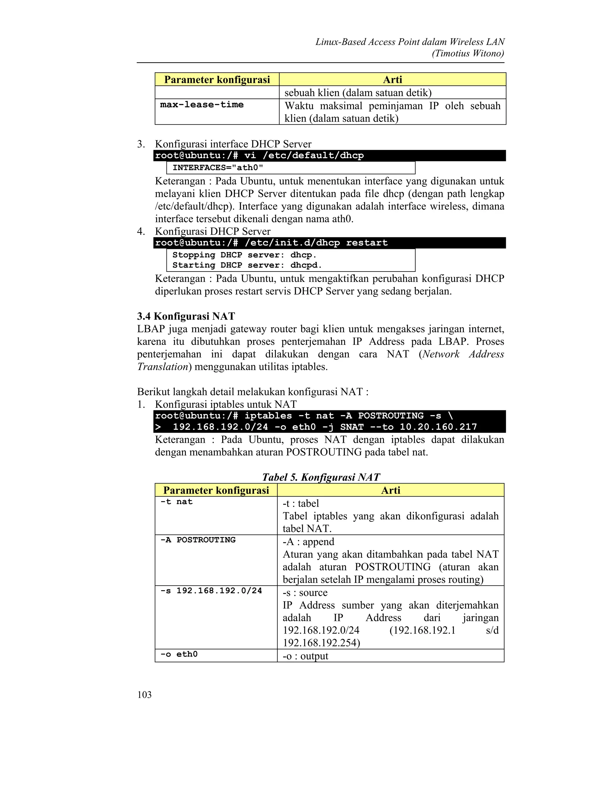 Linux-Based Access Point dalam Wireless LAN
(Timotius Witono)
103
Parameter konfigurasi Arti
sebuah klien (dalam satuan detik)
max-lease-time Waktu maksimal peminjaman IP oleh sebuah
klien (dalam satuan detik)
3. Konfigurasi interface DHCP Server
root@ubuntu:/# vi /etc/default/dhcp
INTERFACES="ath0"
Keterangan : Pada Ubuntu, untuk menentukan interface yang digunakan untuk
melayani klien DHCP Server ditentukan pada file dhcp (dengan path lengkap
/etc/default/dhcp). Interface yang digunakan adalah interface wireless, dimana
interface tersebut dikenali dengan nama ath0.
4. Konfigurasi DHCP Server
root@ubuntu:/# /etc/init.d/dhcp restart
Stopping DHCP server: dhcp.
Starting DHCP server: dhcpd.
Keterangan : Pada Ubuntu, untuk mengaktifkan perubahan konfigurasi DHCP
diperlukan proses restart servis DHCP Server yang sedang berjalan.
3.4 Konfigurasi NAT
LBAP juga menjadi gateway router bagi klien untuk mengakses jaringan internet,
karena itu dibutuhkan proses penterjemahan IP Address pada LBAP. Proses
penterjemahan ini dapat dilakukan dengan cara NAT (Network Address
Translation) menggunakan utilitas iptables.
Berikut langkah detail melakukan konfigurasi NAT :
1. Konfigurasi iptables untuk NAT
root@ubuntu:/# iptables -t nat -A POSTROUTING -s 
> 192.168.192.0/24 -o eth0 -j SNAT --to 10.20.160.217
Keterangan : Pada Ubuntu, proses NAT dengan iptables dapat dilakukan
dengan menambahkan aturan POSTROUTING pada tabel nat.
Tabel 5. Konfigurasi NAT
Parameter konfigurasi Arti
-t nat -t : tabel
Tabel iptables yang akan dikonfigurasi adalah
tabel NAT.
-A POSTROUTING -A : append
Aturan yang akan ditambahkan pada tabel NAT
adalah aturan POSTROUTING (aturan akan
berjalan setelah IP mengalami proses routing)
-s 192.168.192.0/24 -s : source
IP Address sumber yang akan diterjemahkan
adalah IP Address dari jaringan
192.168.192.0/24 (192.168.192.1 s/d
192.168.192.254)
-o eth0 -o : output
 