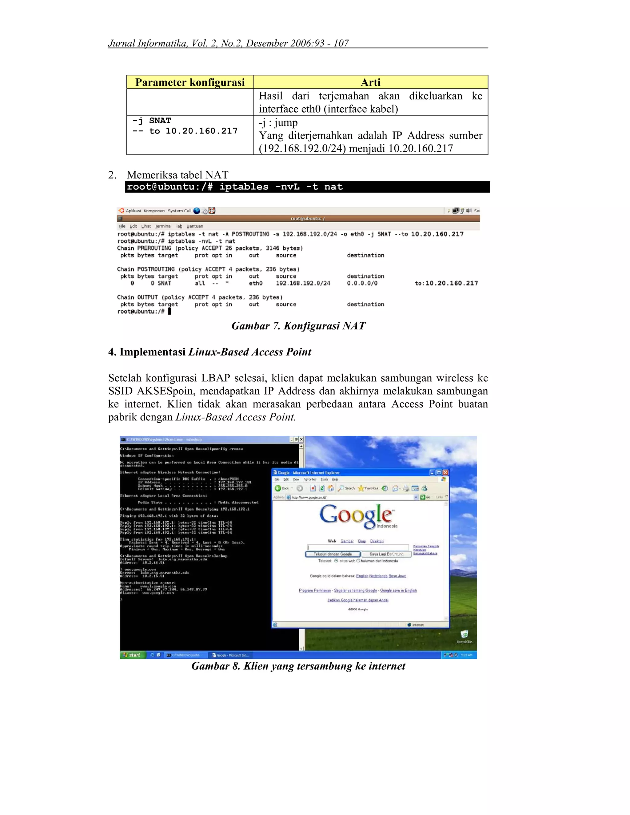 Jurnal Informatika, Vol. 2, No.2, Desember 2006:93 - 107
Parameter konfigurasi Arti
Hasil dari terjemahan akan dikeluarkan ke
interface eth0 (interface kabel)
-j SNAT
-- to 10.20.160.217
-j : jump
Yang diterjemahkan adalah IP Address sumber
(192.168.192.0/24) menjadi 10.20.160.217
2. Memeriksa tabel NAT
root@ubuntu:/# iptables -nvL -t nat
Gambar 7. Konfigurasi NAT
4. Implementasi Linux-Based Access Point
Setelah konfigurasi LBAP selesai, klien dapat melakukan sambungan wireless ke
SSID AKSESpoin, mendapatkan IP Address dan akhirnya melakukan sambungan
ke internet. Klien tidak akan merasakan perbedaan antara Access Point buatan
pabrik dengan Linux-Based Access Point.
Gambar 8. Klien yang tersambung ke internet
 