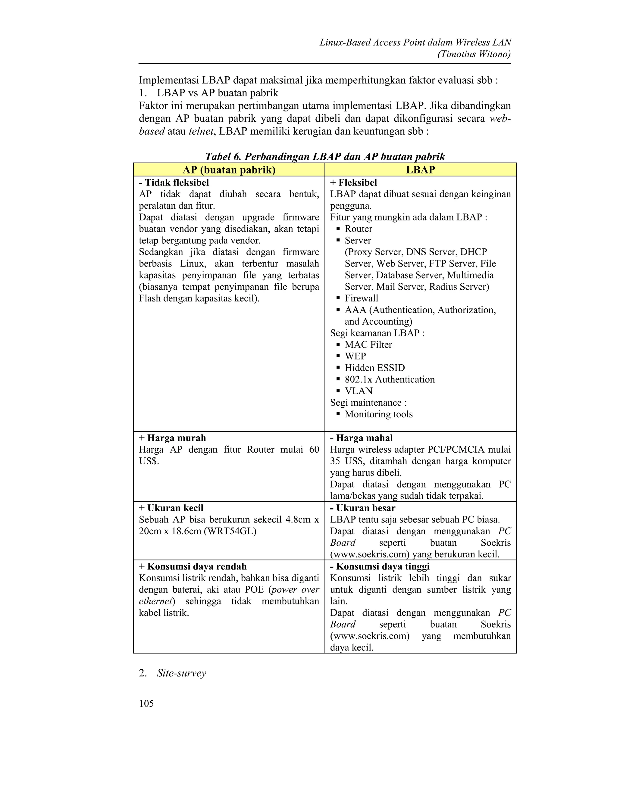 Linux-Based Access Point dalam Wireless LAN
(Timotius Witono)
105
Implementasi LBAP dapat maksimal jika memperhitungkan faktor evaluasi sbb :
1. LBAP vs AP buatan pabrik
Faktor ini merupakan pertimbangan utama implementasi LBAP. Jika dibandingkan
dengan AP buatan pabrik yang dapat dibeli dan dapat dikonfigurasi secara web-
based atau telnet, LBAP memiliki kerugian dan keuntungan sbb :
Tabel 6. Perbandingan LBAP dan AP buatan pabrik
AP (buatan pabrik) LBAP
- Tidak fleksibel
AP tidak dapat diubah secara bentuk,
peralatan dan fitur.
Dapat diatasi dengan upgrade firmware
buatan vendor yang disediakan, akan tetapi
tetap bergantung pada vendor.
Sedangkan jika diatasi dengan firmware
berbasis Linux, akan terbentur masalah
kapasitas penyimpanan file yang terbatas
(biasanya tempat penyimpanan file berupa
Flash dengan kapasitas kecil).
+ Fleksibel
LBAP dapat dibuat sesuai dengan keinginan
pengguna.
Fitur yang mungkin ada dalam LBAP :
Router
Server
(Proxy Server, DNS Server, DHCP
Server, Web Server, FTP Server, File
Server, Database Server, Multimedia
Server, Mail Server, Radius Server)
Firewall
AAA (Authentication, Authorization,
and Accounting)
Segi keamanan LBAP :
MAC Filter
WEP
Hidden ESSID
802.1x Authentication
VLAN
Segi maintenance :
Monitoring tools
+ Harga murah
Harga AP dengan fitur Router mulai 60
US$.
- Harga mahal
Harga wireless adapter PCI/PCMCIA mulai
35 US$, ditambah dengan harga komputer
yang harus dibeli.
Dapat diatasi dengan menggunakan PC
lama/bekas yang sudah tidak terpakai.
+ Ukuran kecil
Sebuah AP bisa berukuran sekecil 4.8cm x
20cm x 18.6cm (WRT54GL)
- Ukuran besar
LBAP tentu saja sebesar sebuah PC biasa.
Dapat diatasi dengan menggunakan PC
Board seperti buatan Soekris
(www.soekris.com) yang berukuran kecil.
+ Konsumsi daya rendah
Konsumsi listrik rendah, bahkan bisa diganti
dengan baterai, aki atau POE (power over
ethernet) sehingga tidak membutuhkan
kabel listrik.
- Konsumsi daya tinggi
Konsumsi listrik lebih tinggi dan sukar
untuk diganti dengan sumber listrik yang
lain.
Dapat diatasi dengan menggunakan PC
Board seperti buatan Soekris
(www.soekris.com) yang membutuhkan
daya kecil.
2. Site-survey
 