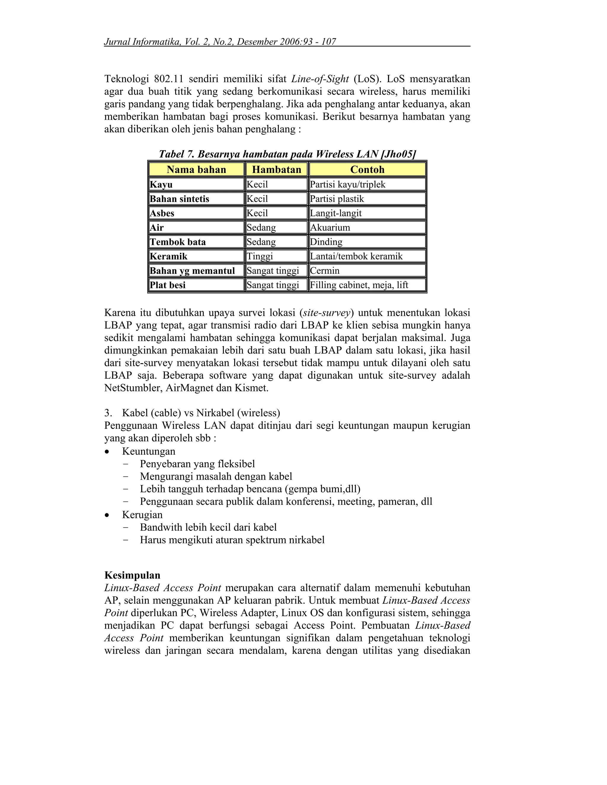 Jurnal Informatika, Vol. 2, No.2, Desember 2006:93 - 107
Teknologi 802.11 sendiri memiliki sifat Line-of-Sight (LoS). LoS mensyaratkan
agar dua buah titik yang sedang berkomunikasi secara wireless, harus memiliki
garis pandang yang tidak berpenghalang. Jika ada penghalang antar keduanya, akan
memberikan hambatan bagi proses komunikasi. Berikut besarnya hambatan yang
akan diberikan oleh jenis bahan penghalang :
Tabel 7. Besarnya hambatan pada Wireless LAN [Jho05]
Nama bahan Hambatan Contoh
Kayu Kecil Partisi kayu/triplek
Bahan sintetis Kecil Partisi plastik
Asbes Kecil Langit-langit
Air Sedang Akuarium
Tembok bata Sedang Dinding
Keramik Tinggi Lantai/tembok keramik
Bahan yg memantul Sangat tinggi Cermin
Plat besi Sangat tinggi Filling cabinet, meja, lift
Karena itu dibutuhkan upaya survei lokasi (site-survey) untuk menentukan lokasi
LBAP yang tepat, agar transmisi radio dari LBAP ke klien sebisa mungkin hanya
sedikit mengalami hambatan sehingga komunikasi dapat berjalan maksimal. Juga
dimungkinkan pemakaian lebih dari satu buah LBAP dalam satu lokasi, jika hasil
dari site-survey menyatakan lokasi tersebut tidak mampu untuk dilayani oleh satu
LBAP saja. Beberapa software yang dapat digunakan untuk site-survey adalah
NetStumbler, AirMagnet dan Kismet.
3. Kabel (cable) vs Nirkabel (wireless)
Penggunaan Wireless LAN dapat ditinjau dari segi keuntungan maupun kerugian
yang akan diperoleh sbb :
• Keuntungan
– Penyebaran yang fleksibel
– Mengurangi masalah dengan kabel
– Lebih tangguh terhadap bencana (gempa bumi,dll)
– Penggunaan secara publik dalam konferensi, meeting, pameran, dll
• Kerugian
– Bandwith lebih kecil dari kabel
– Harus mengikuti aturan spektrum nirkabel
Kesimpulan
Linux-Based Access Point merupakan cara alternatif dalam memenuhi kebutuhan
AP, selain menggunakan AP keluaran pabrik. Untuk membuat Linux-Based Access
Point diperlukan PC, Wireless Adapter, Linux OS dan konfigurasi sistem, sehingga
menjadikan PC dapat berfungsi sebagai Access Point. Pembuatan Linux-Based
Access Point memberikan keuntungan signifikan dalam pengetahuan teknologi
wireless dan jaringan secara mendalam, karena dengan utilitas yang disediakan
 