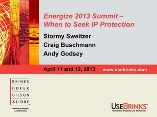 www.usebrinks.com
Energize 2013 Summit –
When to Seek IP Protection
Stormy Sweitzer
Craig Buschmann
Andy Godsey
April 11 and 12, 2013
 