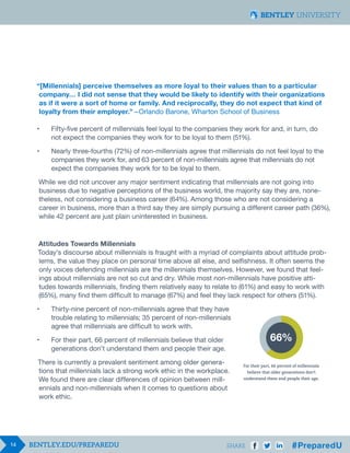 14 SHARE
“[Millennials] perceive themselves as more loyal to their values than to a particular
company… I did not sense that they would be likely to identify with their organizations
as if it were a sort of home or family. And reciprocally, they do not expect that kind of
loyalty from their employer.” –     Orlando Barone, Wharton School of Business
•	 Fifty-five percent of millennials feel loyal to the companies they work for and, in turn, do 		
	 not expect the companies they work for to be loyal to them (51%).
•	 Nearly three-fourths (72%) of non-millennials agree that millennials do not feel loyal to the
	 companies they work for, and 63 percent of non-millennials agree that millennials do not 		
	 expect the companies they work for to be loyal to them.
While we did not uncover any major sentiment indicating that millennials are not going into
business due to negative perceptions of the business world, the majority say they are, none-
theless, not considering a business career (64%). Among those who are not considering a
career in business, more than a third say they are simply pursuing a different career path (36%),
while 42 percent are just plain uninterested in business.
Attitudes Towards Millennials
Today’s discourse about millennials is fraught with a myriad of complaints about attitude prob-
lems, the value they place on personal time above all else, and selfishness. It often seems the
only voices defending millennials are the millennials themselves. However, we found that feel-
ings about millennials are not so cut and dry. While most non-millennials have positive atti-
tudes towards millennials, finding them relatively easy to relate to (61%) and easy to work with
(65%), many find them difficult to manage (67%) and feel they lack respect for others (51%).
•	 Thirty-nine percent of non-millennials agree that they have 						
	 trouble relating to millennials; 35 percent of non-millennials 						
	 agree that millennials are difficult to work with.
•	 For their part, 66 percent of millennials believe that older 	
	 generations don’t understand them and people their age.
There is currently a prevalent sentiment among older genera-
tions that millennials lack a strong work ethic in the workplace.
We found there are clear differences of opinion between mill-
ennials and non-millennials when it comes to questions about
work ethic.
For their part, 66 percent of millennials
believe that older generations don’t
understand them and people their age.
66%
 