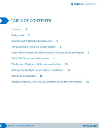 TABLE OF CONTENTS
Foreword 3
Background 5
Defining and Addressing Preparedness 6
The (Continued) Value of a College Degree 8
Preparedness Scorecards: Self-awareness, Accountability and Impact 9
The Skills Discussion: A Disconnect 11
The Future of Business: Millennials on the Rise 13
Shifting the Spotlight from Problems to Solutions 16
Recap and Conclusions 20
Bentley, PreparedU, and You: An Invitation to Join the Conversation 21
 
 