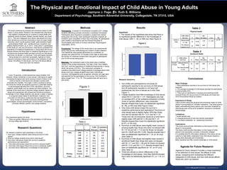 www.postersession.com
This study examines the physical and emotional impact of child
abuse in young adults. Research has indicated that child abuse
has negative consequences on a person’s overall health and
wellbeing (Sachs-Ericsson, Medley, Kendall-Tackett, and Taylor
2011). Irish and colleagues have shown that people who have
been abused as a child are more likely to have six major health
outcomes, which include general health, gastrointestinal health,
gynecological health, pain, cardiopulmonary symptoms, and
obesity (Sachs-Ericsson, et. al, 2011). There were 51 participants
in this study (21 men and 30 women). Participants completed the
Importance of Childhood Experiences in Young Adult Life Survey.
Results showed that there were no statistical significances in the
emotional and physical health amongst survivors of child abuse
and those not abused. In conclusion, more participants reported
being abused as a child than anticipated. Agenda for future
research includes a closer examination of the definition of child
abuse, the effects of child abuse, and how child abuse affects
those who aren’t as resilient.
Methods
Conclusions
r
The Physical and Emotional Impact of Child Abuse in Young Adults
Jazmyne J. Page; Dr. Ruth S. Williams
Department of Psychology, Southern Adventist University, Collegedale, TN 37315, USA
Agenda for Future Research
Participants: A sample of convenience consisted of 51 college
students attending a private university in southeast Tennessee.
Participants were required to complete a consent form before
being given the survey. Each participant received a dessert as
incentive upon completion of their role in the study. All participants
were treated in accordance with the Ethical Principles of
Psychologists and Code of Conduct (American Psychological
Association, 2010).
Procedures: The design of this study was a non-experimental
study using survey methodology as a means of data collection.
The researcher was granted permission by a professor on
campus and used the first 15 minutes of the class to administer
the survey. An informed consent form was given to participants
prior to the survey being given.
Materials: The instrument used in this study was a modified
version of two online instruments; The Way I Feel, How Healthy
Are You?, and the Importance of Childhood Experiences in Young
Adult Life survey (ICEYAL). This instrument consisted of
questions that determined college students knowledge about child
abuse and if any college students have been child abuse
survivors. Demographics such as gender, ethnicity, and age were
self-reported by the participants in the survey. The Cronbach’s
alpha ranged from .17 to .76. This questionnaire will serve as a
pilot study.
Hypothesis
1. The results of the hypothesis test show that there is
no significant gender difference in the knowledge of
child abuse. t(49) = -.39, p=.695 (ns) (See Figure 2).
Figure 2
Research Questions
1. Out of fifty-one participants for this study 22
participants reported to be survivors of child abuse
and 29 participants reported to not have had
experienced any form of abuse as a child (See
Figure 1).
2. College students have little knowledge of child abuse
where M= 6.1 and SD = 1.47. Participants only had
on average 60% of the questions answered correctly.
A test on gender differences was conducted.
Results showed that it was not statistically significant
[t(-.39), p=.69 (ns)] (See Figure 2 also).
3. How does child abuse impact the survivor’s
academic performance and aspirations? Survivors of
child abuse have a slightly higher GPA than those
who are not abused with M = 3.41 and SD = .51.
Those who did not encounter abuse as a child had a
slightly lower GPA with M = 3.40 and SD = .37.
Results showed that it was not statistically significant
[t(.07), p=.95 (ns)].
4. Survivors of child abuse were slightly lower scores in
physical health than those who were not abused with
M = 57.54 and SD = 7.10 and for those not abused
with M = 59.83 and SD = 6.64. Results showed that it
was not statistically significant [t=-1.18, p=.24 (ns)]
(See Table 2).
5. Survivors of child abuse had slightly lower scores in
emotional health than those who were not abused
with M = 3.1 and SD= 1.85 and for those not abused
with M = 3.41 and SD = 2.11. Results showed that it
was not statistically significant [t=-.57, p=.57 (ns)]
(See Table 3).
6. There are almost no ethnic differences in the
knowledge of child abuse. One-Way ANOVA showed
that it was not statistically significant (F(4,45)= 1.74, p =
.16).
Major Findings:
1. More participants reported to be survivors of child abuse than
expected.
2. The average knowledge of child abuse amongst the participants
is approximately 60%.
3. There was no significance in physical and emotional health
amongst those who are survivors of child abuse and those who
never encountered abuse as children.
Importance of Study:
Little is known about the physical and emotional impact of child
abuse in young adults in Christian institutions. This study gives a
better understanding that a person who has been impacted by
child abuse may not be at an academic, physical or emotional
disadvantage.
Limitations:
1.Small sample size.
2. Unequal amounts of men and women participants.
3. Low Alpha (reliability) on measuring instrument.
Implications:
This study could provide information on the impact of child
abuse in young adults.
The study could provide information on the impact of child
abuse to the population currently in Adventist colleges.
It is possible that the information obtained in this study can be
used to to help better understand how child abuse impacts a
young adult physically and emotionally.
Many students had little overall knowledge on child abuse.
Introduction
Results
Logo
Abstract
Every 10 seconds, a child experiences abuse whether it be
physical, mental, emotional, or even sexual. Child abuse is rapidly
increasing throughout the world causing innocent children to fall
victim to trauma. Child abuse can damage a person both
physically and mentally. The longer a child is exposed to abuse,
the worse the mental and physical outcome is, potentially leading
to psychological disorders like PTSD, depression, and even
negative overall health such as obesity and heart problems. The
purpose of this study was to describe college students’ beliefs on
abuse and experiences with physical and emotional problems.
Knowledge of how college students view abuse is useful in helping
to recognize areas related to identification, treatment, and
prevention of child abuse. Audiences that can benefit from this
study include the scientific community (developmental
psychologists, trauma psychologists, social workers, counselors)
university officials, parents, and college students.
Hypotheses
One hypothesis guided this study:
1. There are gender differences in the perception of child abuse
among college age students.
Research Questions
Six research questions were addressed in this study:
1. How many college students report being survivors of child
abuse?
2. What do college students know about child abuse?
3. How does child abuse impact the survivor’s academic
performance and aspirations?
4. How does child abuse impact the survivor’s physical health?
5. How does child abuse impact the survivor’s emotional health?
6. Are there ethnic differences in knowledge of child abuse?
Agenda for future research includes a closer examining
in the definition of child abuse, the effects of child
abuse, comparing and contrasting the different
categories of child abuse, and how child abuse affects
those who aren’t as resilient.
Table 2
Physical Health
Child Abuse
Survivor N Mean
Std.
Deviation t Test Sig.
Section 4
Total
Abused (total
is 7-10)
22 57.55
7.10 t= -1.18
p=.24
Not Abused
(total is 1-6)
29
59.83 6.64
Child Abuse
Survivor N Mean
Std.
Deviation t Test Sig.
Section
5 Total
Abused (total is
7-10)
22 3.09 1.85 t= -.57
p=.57
Not Abused (total
is 1-6)
29 3.41 2.11
Table 3
Emotional Health
Figure 1
Frequency Percent
Valid
Percent
Cumulative
Percent
Valid 3.00 1 1.9 2.0
2.00 2 3.8 3.9
4.00 3 5.8 5.9
5.00 8 15.4 15.7
8.00 9 17.3 17.6
7.00 12 23.1 23.5
6.00 16 30.8 31.4
Total 51 98.1 100.0
Missing System 1 1.9
Total 52 100.0
Table 4
Knowledge Scores
 