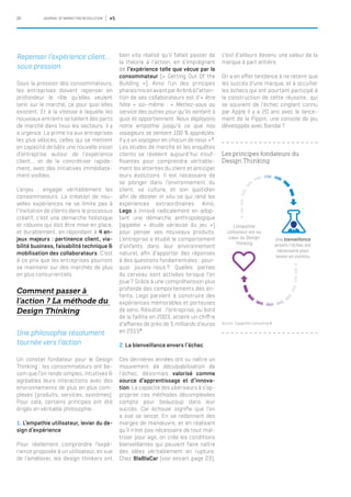 20 JOURNAL OF MARKETING REVOLUTION #5
Repenser l’expérience client…
sous pression
Sous la pression des consommateurs,
les entreprises doivent repenser en
profondeur le rôle qu’elles veulent
tenir sur le marché, ce pour quoi elles
existent. Et à la vitesse à laquelle les
nouveaux entrants se taillent des parts
de marché dans tous les secteurs, il y
a urgence. La prime ira aux entreprises
les plus véloces, celles qui se mettent
en capacité de bâtir une nouvelle vision
d’entreprise autour de l’expérience
client… et de la concrétiser rapide-
ment, avec des initiatives immédiate-
ment visibles.
L’enjeu : engager véritablement les
consommateurs. La création de nou-
velles expériences ne se limite pas à
l’invitation de clients dans le processus
créatif, c’est une démarche holistique
et robuste qui doit être mise en place,
et durablement, en répondant à 4 en-
jeux majeurs : pertinence client, via-
bilité business, faisabilité technique &
mobilisation des collaborateurs. C’est
à ce prix que les entreprises pourront
se maintenir sur des marchés de plus
en plus concurrentiels.
Comment passer à
l’action ? La méthode du
Design Thinking
Une philosophie résolument
tournée vers l’action
Un constat fondateur pour le Design
Thinking : les consommateurs ont be-
soin que l’on rende simples, intuitives &
agréables leurs interactions avec des
environnements de plus en plus com-
plexes (produits, services, systèmes).
Pour cela, certains principes ont été
érigés en véritable philosophie :
1. L’empathie utilisateur, levier du de-
sign d’expérience
Pour réellement comprendre l’expé-
rience proposée à un utilisateur, en vue
de l’améliorer, les design thinkers ont
bien vite réalisé qu’il fallait passer de
la théorie à l’action, en s’imprégnant
de l’expérience telle que vécue par le
consommateur (« Getting Out Of the
Building »). Ainsi l’un des principes
pharesmisenavantparAirbnbàl’atten-
tion de ses collaborateurs est d’« être
hôte » soi-même : « Mettez-vous au
service des autres pour qu’ils sentent à
quoi ils appartiennent. Nous déployons
notre empathie jusqu’à ce que nos
voyageurs se sentent 100 % appréciés.
Il y a un voyageur en chacun de nous »5
.
Les études de marché et les enquêtes
clients se révèlent aujourd’hui insuf-
fisantes pour comprendre véritable-
ment les attentes du client et anticiper
leurs évolutions. Il est nécessaire de
se plonger dans l’environnement du
client, sa culture, et son quotidien
afin de déceler in situ ce qui rend les
expériences extraordinaires. Ainsi,
Lego a innové radicalement en adop-
tant une démarche anthropologique
(appelée « étude sérieuse du jeu »)
pour penser ses nouveaux produits.
L’entreprise a étudié le comportement
d’enfants dans leur environnement
naturel, afin d’apporter des réponses
à des questions fondamentales : pour-
quoi jouons-nous ? Quelles parties
du cerveau sont activées lorsque l’on
joue ? Grâce à une compréhension plus
profonde des comportements des en-
fants, Lego parvient à construire des
expériences mémorables et porteuses
de sens. Résultat : l’entreprise, au bord
de la faillite en 2003, atteint un chiffre
d’affaires de près de 5 milliards d’euros
en 20156
.
2. La bienveillance envers l’échec
Ces dernières années ont vu naître un
mouvement de déculpabilisation de
l’échec, désormais valorisé comme
source d’apprentissage et d’innova-
tion. La capacité des uberiseurs à s’ap-
proprier ces méthodes décomplexées
compte pour beaucoup dans leur
succès. Car échouer signifie que l’on
a osé se lancer. En se redonnant des
marges de manœuvre, et en réalisant
qu’il n’est pas nécessaire de tout maî-
triser pour agir, on crée les conditions
bienveillantes qui peuvent faire naître
des idées véritablement en rupture.
Chez BlaBlaCar (voir encart page 23),
c’est d’ailleurs devenu une valeur de la
marque à part entière.
On a en effet tendance à ne retenir que
les succès d’une marque, et à occulter
les échecs qui ont pourtant participé à
la construction de cette réussite ; qui
se souvient de l’échec cinglant connu
par Apple il y a 20 ans avec le lance-
ment de la Pippin, une console de jeu
développée avec Bandai ?
Les principes fondateurs du
Design Thinking
Source : Capgemini Consulting ©
L’empathie
utilisateur est au
cœur du Design
Thinking
Une bienveillance
envers l’échec est
nécessaire pour
tester en continu
 