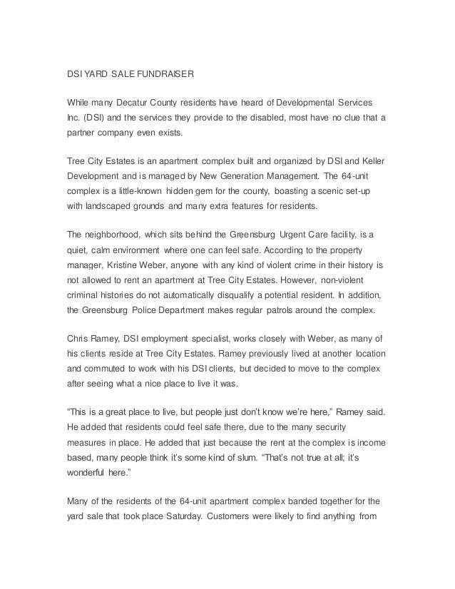 Dsi Yard Sale Fundraiser Article In Greensburg Daily News