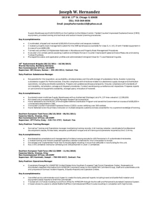Joseph W. Hernandez
1813 W. 17th St. Chicago IL 60608
CELL: 910-364-6836
Email: josephwhernandez10@yahoo.co.uk
Supply Warehouse worth$925,000from the Coalition to the AfghanControl. Fielded CounterImprovised Explosive Device (CIED)
equipment, provided training and technical and tactical mission planning procedures.
Key Accomplishments:
 C oordinated, shipped and received $200,000of ammunition and weapons material.
 C reated a property book management systemfor the ANP warehouse accountable for class II, V, VII, IX with Fielded equipment in
A ccessof over $800,000.
 T rained and certified 10 Afghanistan Nationals in Warehouse and Property Book Management Procedures
 Executed 132combat patrols assisting Coalitionand Afghanforcesin Counter Improvised Explosive Device Measures and seizing
T alibanM unitions.
 M anaged the salary and application profiles and administrated Immigrant Visas for 7 Local National linguists.
16th
Sustainment Brigade (05/22/2011 - 10/30/2013)
Warner Barracks, Bamberg Germany
Non-Commissioned Officer, US ARMY
Supervisor: SFC Brown, Ramon – 256-282-0912; Contact: Yes
Duty Position: Subsistence Manager
 Responsible for the requisition, accountability, wholesomeness and the safe storage of subsistence items. Assists inplanning
subsistence support for field exercises. Ensures compliance withdirectivesrelated to subsistence supply storage and distribution
operations, including worldwide operations. Prepare and updateswarehouse planigrams. Ensures compliance withstandards of
serviceability, reclamation, salvage and disposal procedures. Conduct warehousing surveillance and inspections. P repares reports
on personnel and equipment availability, storage space, relocationof materiel.
Key Accomplishments:
 Sustained seven multiclass Supply Warehouses withan Authorized Stockage List of 4,137 lines valued at 12,500,000.
 Reviewed and processed over 3,000 Manager Review File transactions.
 Hand-selected to be the NCOIC of the Brigade Referral Distribution Program and saved the Government an excessof $600,000in
contracted transportationcosts.
 Instructed CounterImprovised Explosive Device (CIED) course certifying over 300 soldiers
 Hand-Selected to be the primary instructor on multiple weapons systems and was awarded for my supreme knowledge of training.
Southern European Task Force (06/15/2010 - 05/01/2011)
Caserma Ederle, Vicenza, Itlay
Non-Commissioned Officer, US ARMY
Supervisor: CPT Porte, Craig – 520-732-3797; Contact: Yes
Duty Position: Training Manager
 Served as T raining and Operations manager maintaining training records, U nit training calendar, coordinated all professional
development classes, fitness tests, weapons qualificationranges and all training and operations required by the U .S Army.
Key Accomplishments:
 M aintained documentationand management of military training records for 400 Personnel in 9 subordinate directorates.
 C reated training and mission essential operationcalendar schedulesfor the Commander to review.
 Developed and implemented Fiscal YearSchool Budgets resulting inmore than $80,000 in new funding for the unit.
 Key U nit Combative Instructor certifying over 200personnel in Level 1 Combatives
Southern European Task Force (06/12/2009 - 11/01/2010)
Caserma Ederle, Vicenza, Itlay
Non-Commissioned Officer, US ARMY
Supervisor: SFC Kaminski, Joseph – 708-990-6427; Contact: Yes
Duty Position: Operations Manager
 O perations M anager for USASETAF (United States Army Southern EuropeanT ask Force) Operations Center. Reviewed a nd
distributed classified informationfrom AFRICOM Command Center to the USASETAF Command Group, Staff and subordinate units
and preparesall Serious Incident Reports, SituationReports and Operation Orders.
Key Accomplishments:
 Identified as key administratorand chosen to create the daily personal reports including travel and battle field rotation and
equipment status reports to brief the Commander.
 T racked all U.S Forces traveling to and from Africa for AFRICOM through the Aircraft and Personnel Automated Clearance System.
 C hosen above my peers to attend Battle Staff Non-Commissioned OfficerCourse resulting in completionwith highhonors.
 