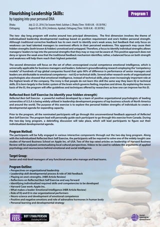 Flourishing Leadership Skills:
by tapping into your personal DNA
The two- day long program will evolve around two principal dimensions. The first dimension involves the theme of
individualized leadership developmental roadmap based on position requirement and one’s hidden personal strength.
Although traditional corrective feedback has its own merit to identify one’s weak areas, but feedback that only focus on
weakness can lead talented managers to overinvest efforts in their perceived weakness. This approach may cause their
hidden strengths (both known & hidden) unnoticed and untapped.Therefore, a focus to identify individual strengths allows
managers/ leaders to tap into the personal strengths that they may or may not be aware of. This positive approach does not
deny or ignore the weak area that the traditional feedback mechanism identifies; rather, a balanced focus on both strength
and weakness will help them reach their highest potential.
The second dimension will focus on the set of often unrecognized crucial competence emotional intelligence, which is
universally applicable for business managers and leaders. Golemen’s groundbreaking research employing the“competency
models” of hundreds of top global companies found that upto 90% of difference in performance of senior managers and
leaders are attributable to emotional competence – not IQ or technical skills. Several other research works of organizational
psychologists also showed that emotional intelligence, instead of technical skills, plays even increasingly important role at
the highest levels of the company. The irony is that people do not learn this skill the same way they learn IQ or technical
skills. EI is born largely in the limbic system of the brain which governs feeling, impulses and drives. By explaining the neuro
basis of the EI, the program will offer guidelines and techniques offered by researchers as how one can improve her/his EI.
Reflected Best-Self Exercise (to identify your hidden strength)
Reflected Best-Self Exercise- a powerful method developed by a team of positive organizational psychologists of leading
universities of U.S.A is being widely utilized in leadership development programs of top business schools of North America
and around the world. The purpose of this exercise is to explore the personal hidden strengths of individuals to create a
developmental agenda for expanding capacity.
Prior to the program, all the nominated participants will go through this unconventional feedback approach of Reflected
Best-Self Exercise. The program lead will personally guide each participant to go through this exercise from Canada. During
the two-day long program, a debriefing discussion will take place, which will lead participants to figure out their
individualized developmental agenda.
Program Method:
The participants will be fully engaged in various interactive components through out the two-day long program. Along
with the individualized Reflected Best-Self Exercise, the participants will be required to solve one of the widely taught case
studies of Harvard Business School on Apple Inc. of USA. Two of the top rated articles on leadership of Harvard Business
Review will be analyzed contextualizing local cultural perspectives. Videos to be used to validate the arguments of applied
psychology and neuroscience behind emotional and social intelligence.
Target Group:
Senior and mid-level managers of any functional areas who manage and lead teams.
Program Outline:
• Perspectives on organizational leadership
• Leadership skill developmental process & role of 360 feedback
• Playing on one’s strengths. (HBR Article Review)
• Reflections on Reflected Best-Self Exercise and way forward
• Identifying individualized required skills and competencies to be developed
• Harvard Case work: Apple Inc.
• What makes a leader: Emotional Intelligence (HBR Article Review)
• Role of IQ and EI in star organizational performers
• Neuro-science and development of emotional competence
• Positive and negative emotions and role of adrenaline hormones in human body
• Personal learning and developmental strategy
Dhaka: July 22-23, 2016 | Six Seasons Hotel, Gulshan-2, Dhaka [Time: 10:00 A.M. - 05:30 P.M.]
Chittagong: August 05-06, 2016 | Ambrosia, Agrabad, Chittagong [Time: 10:00 A.M. - 05:30 P.M.]
COURSE
FEES
BDT 17000/PERSON
(ExcludingVAT &Tax)
Program 1
 