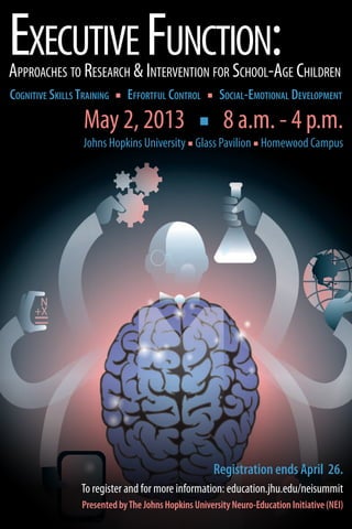 ExecutiveFunction:Approaches to Research & Intervention for School-Age Children
May 2, 2013  ■  8 a.m. - 4 p.m.
Johns Hopkins University ■ Glass Pavilion ■ Homewood Campus
Cognitive Skills Training ■ Effortful Control ■ Social-Emotional Development
Registration ends April 26.
To register and for more information: education.jhu.edu/neisummit
Presented byThe Johns Hopkins University Neuro-Education Initiative (NEI)
 