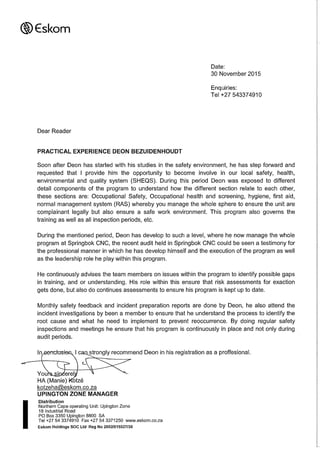 Recommendation letter from Zone Manager