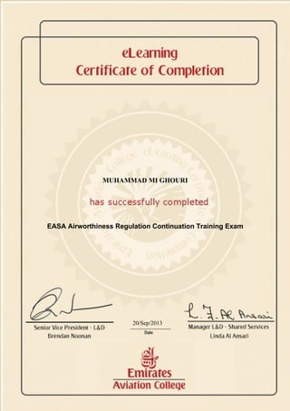 MUHAMMAD MI GHOURI
EASA Airworthiness Regulation Continuation Training Exam
20/Sep/2013
 