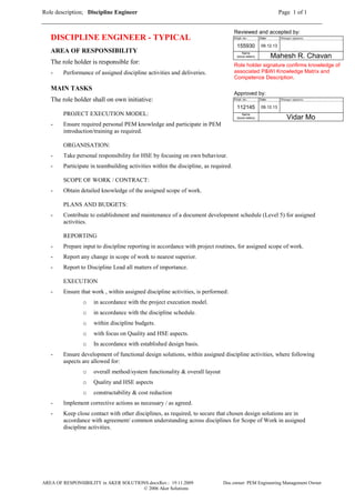 Role description; Discipline Engineer Page 1 of 1
AREA OF RESPONSIBILITY in AKER SOLUTIONS.docxRev.: 19.11.2009 Doc.owner: PEM Engineering Management Owner
© 2006 Aker Solutions
Reviewed and accepted by:
Empl. no.: Date: Manager signature:
155930 09.12.13
Name
(block letters) Mahesh R. Chavan
Role holder signature confirms knowledge of
associated P&WI Knowledge Matrix and
Competence Description.
Approved by:
Empl. no.: Date: Manager signature:
112145 09.12.13
Name
(block letters) Vidar Mo
DISCIPLINE ENGINEER - TYPICAL
AREA OF RESPONSIBILITY
The role holder is responsible for:
- Performance of assigned discipline activities and deliveries.
MAIN TASKS
The role holder shall on own initiative:
PROJECT EXECUTION MODEL:
- Ensure required personal PEM knowledge and participate in PEM
introduction/training as required.
ORGANISATION:
- Take personal responsibility for HSE by focusing on own behaviour.
- Participate in teambuilding activities within the discipline, as required.
SCOPE OF WORK / CONTRACT:
- Obtain detailed knowledge of the assigned scope of work.
PLANS AND BUDGETS:
- Contribute to establishment and maintenance of a document development schedule (Level 5) for assigned
activities.
REPORTING
- Prepare input to discipline reporting in accordance with project routines, for assigned scope of work.
- Report any change in scope of work to nearest superior.
- Report to Discipline Lead all matters of importance.
EXECUTION
- Ensure that work , within assigned discipline activities, is performed:
o in accordance with the project execution model.
o in accordance with the discipline schedule.
o within discipline budgets.
o with focus on Quality and HSE aspects.
o In accordance with established design basis.
- Ensure development of functional design solutions, within assigned discipline activities, where following
aspects are allowed for:
o overall method/system functionality & overall layout
o Quality and HSE aspects
o constructability & cost reduction
- Implement corrective actions as necessary / as agreed.
- Keep close contact with other disciplines, as required, to secure that chosen design solutions are in
accordance with agreement/ common understanding across disciplines for Scope of Work in assigned
discipline activities.
 